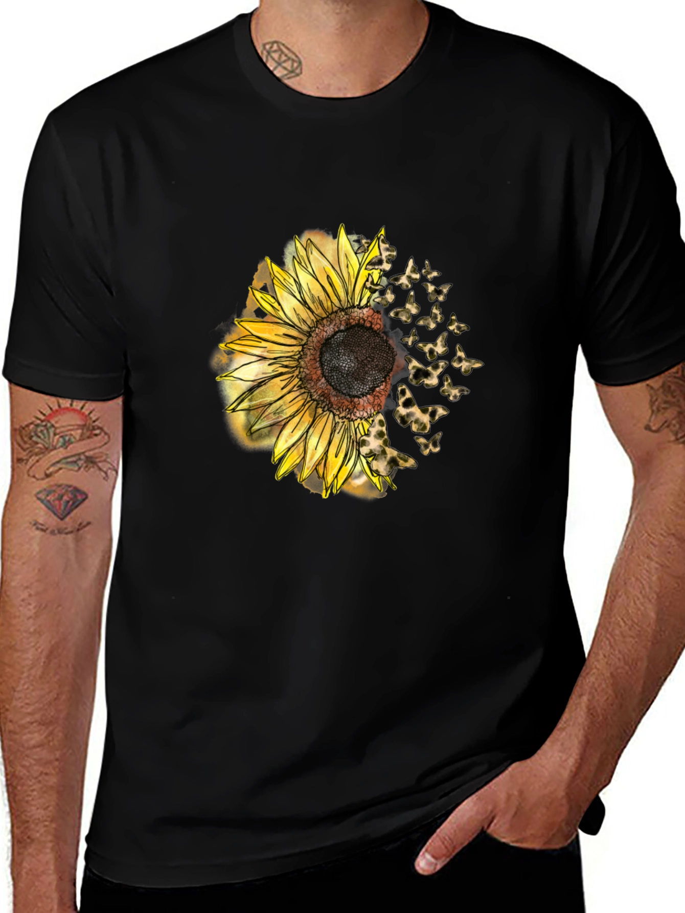 Black Sunflower Butterfly Men's Black T-Shirt main image