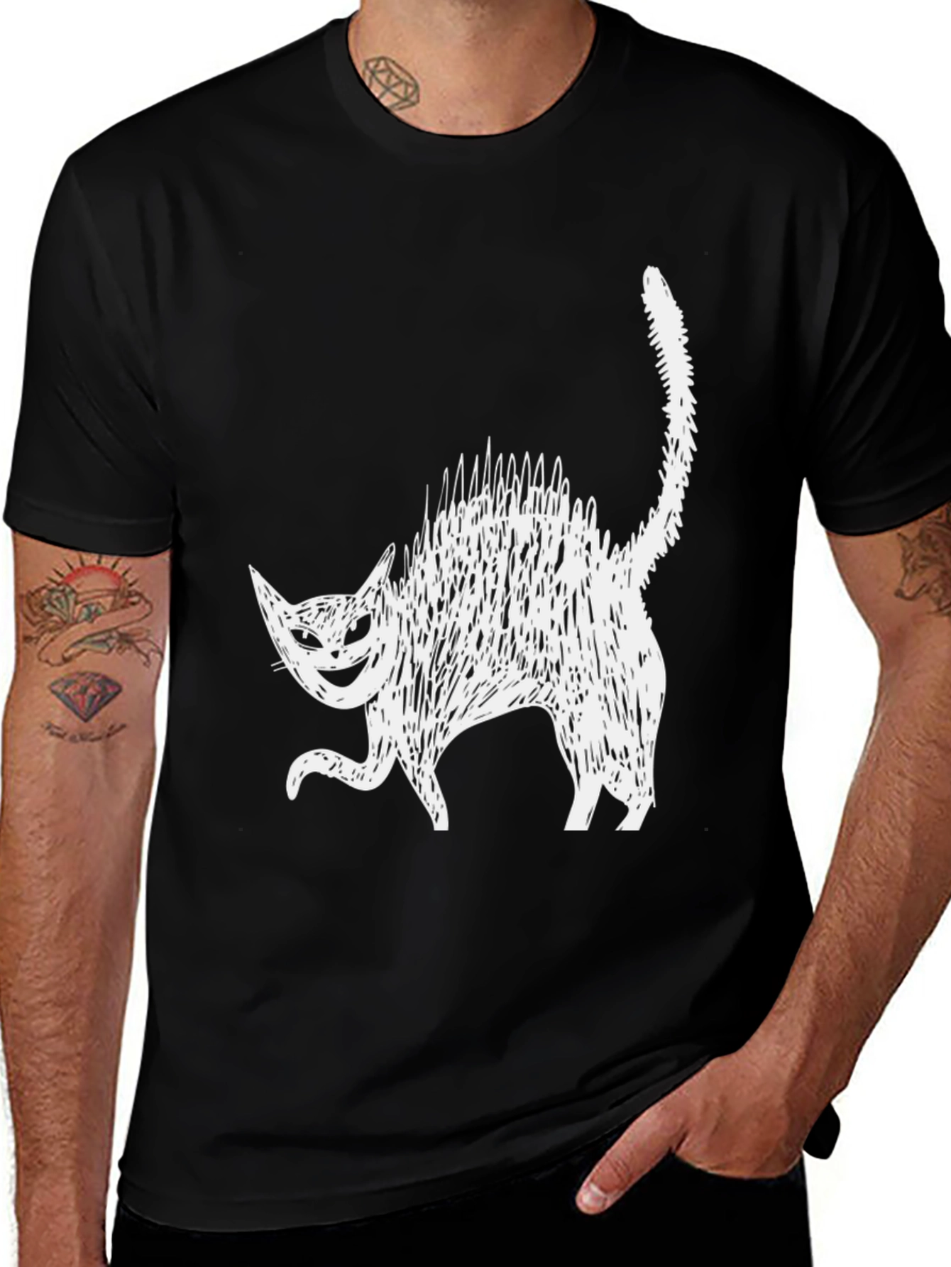 Variant 9 of Creepy Cat Graphic Tee - Black Cotton Blend