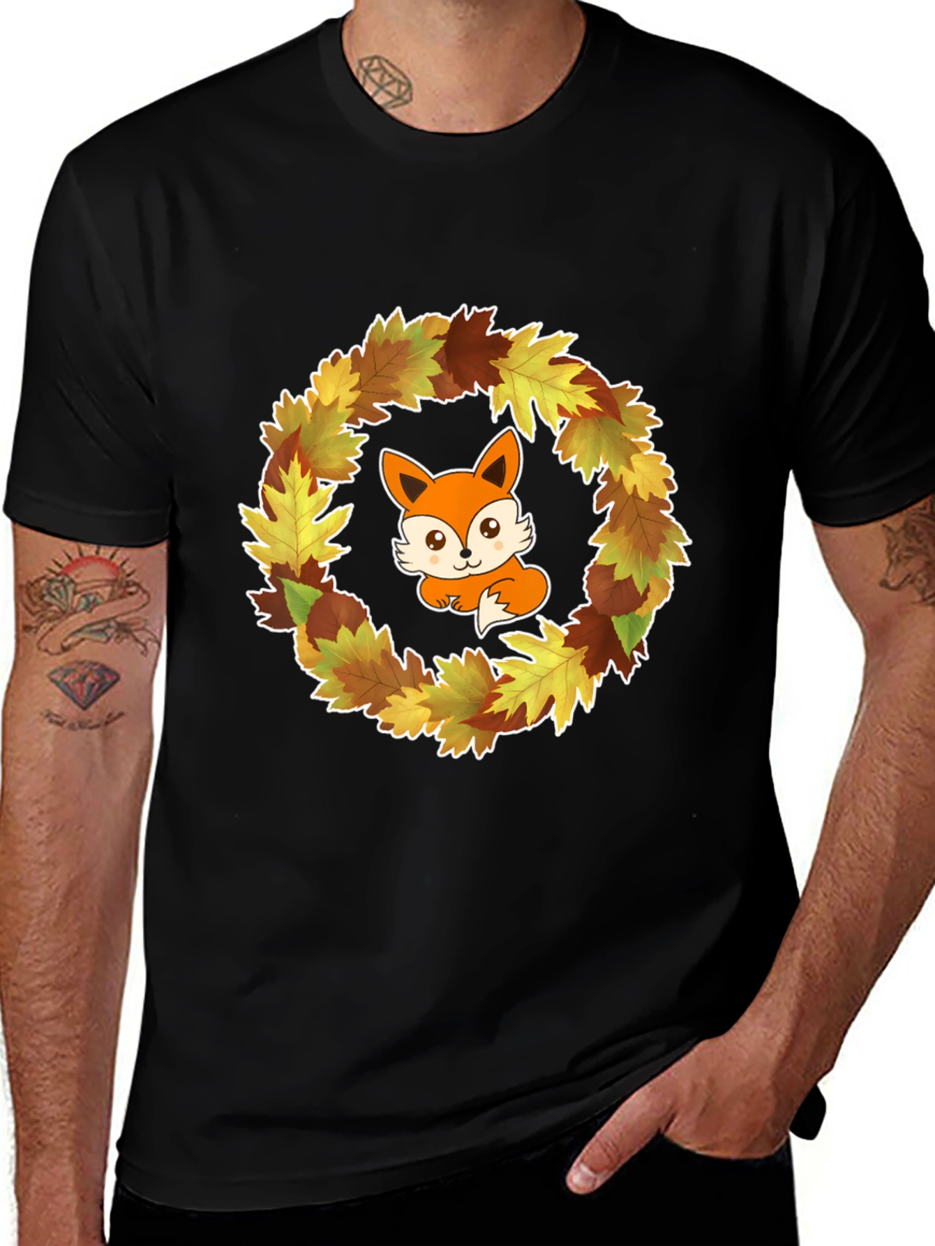 Variant 14 of Cute Fox Leaf Wreath Graphic T-Shirt