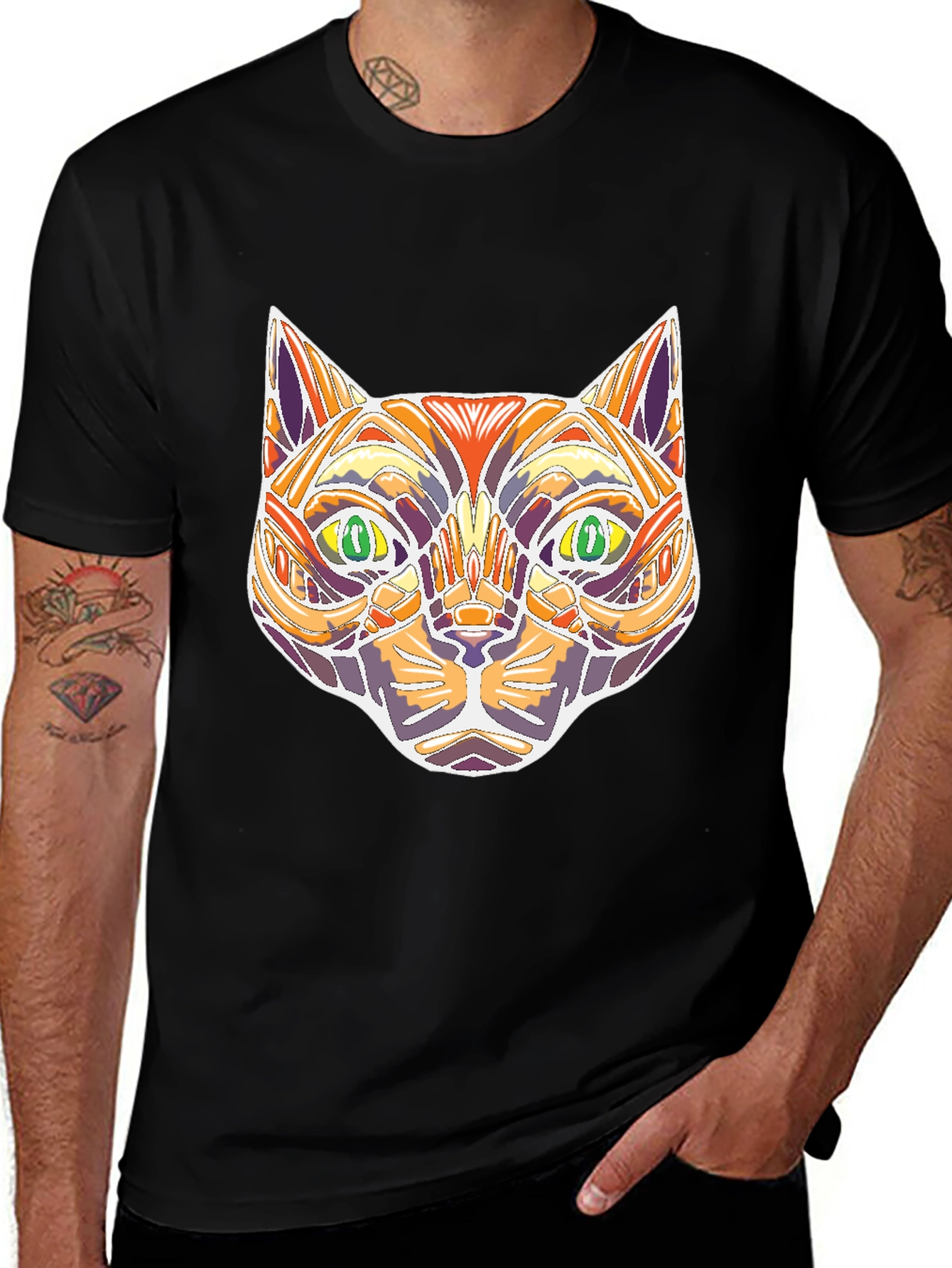 Variant 10 of Abstract Geometric Cat Head Graphic Black T-Shirt