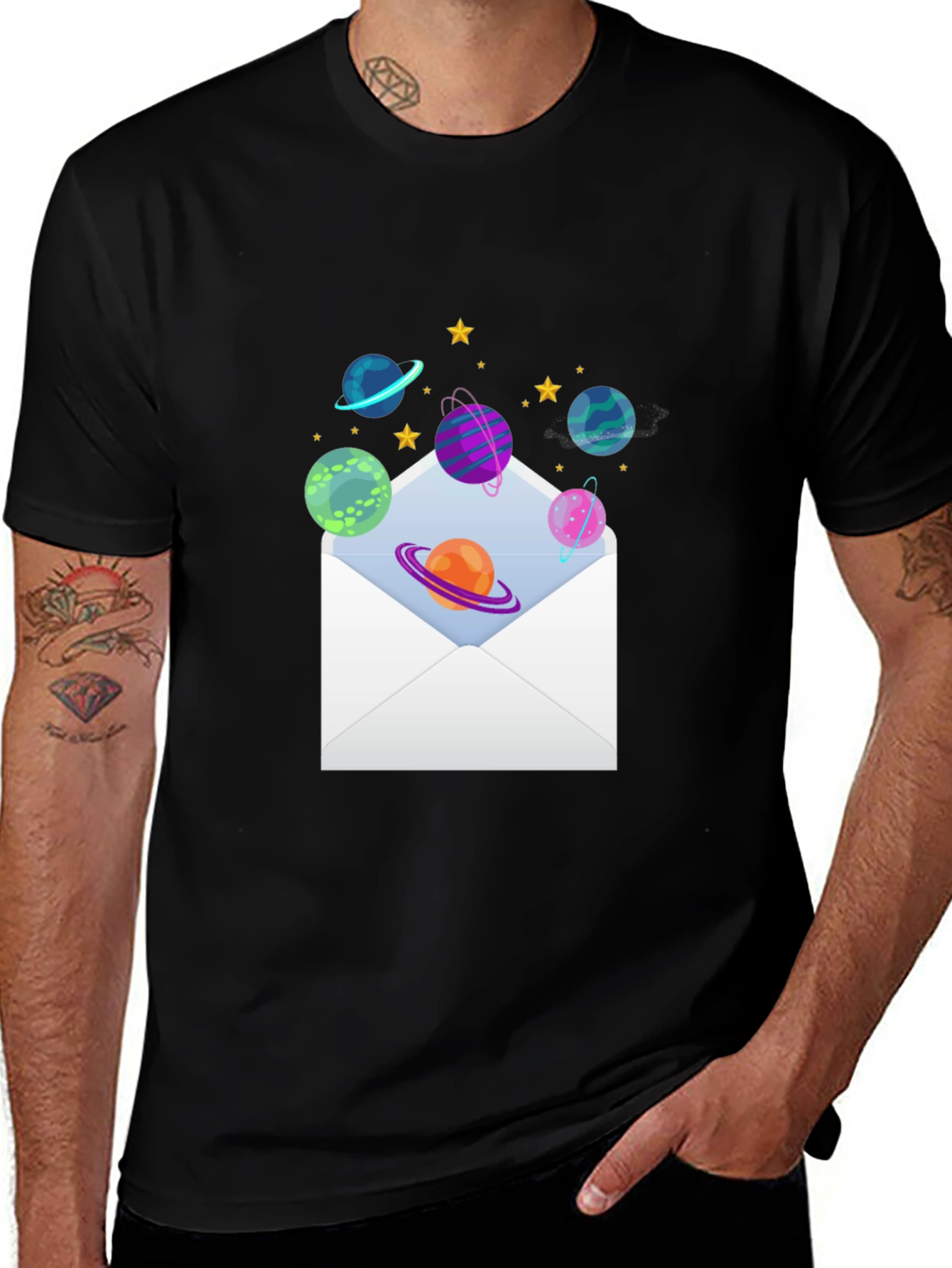 Variant 25 of Planets in Envelope Graphic Tee - Black Casual T-Shirt
