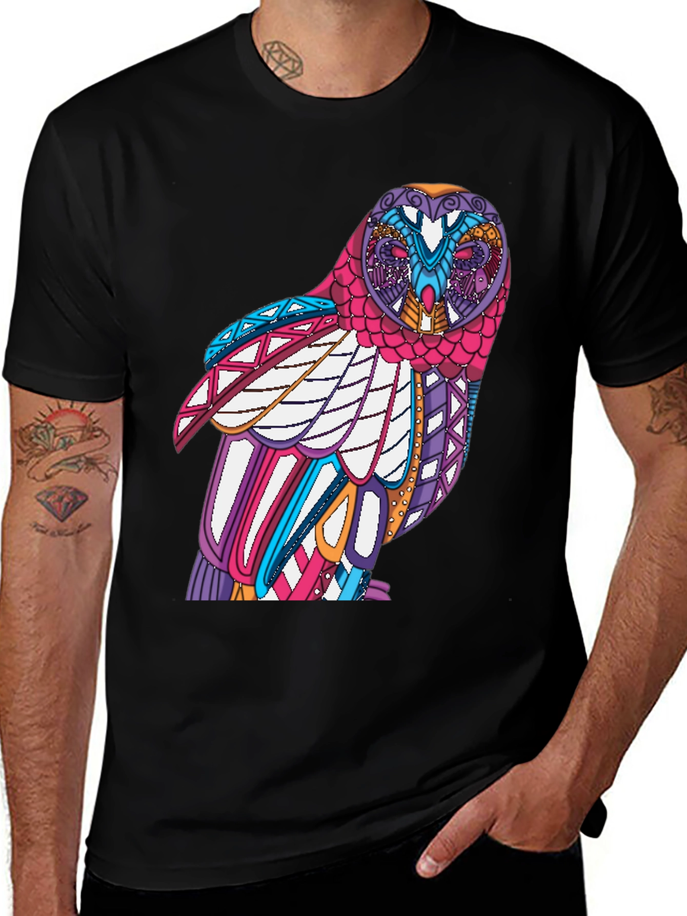 Variant 17 of Colorful Owl Graphic Print Black T-Shirt