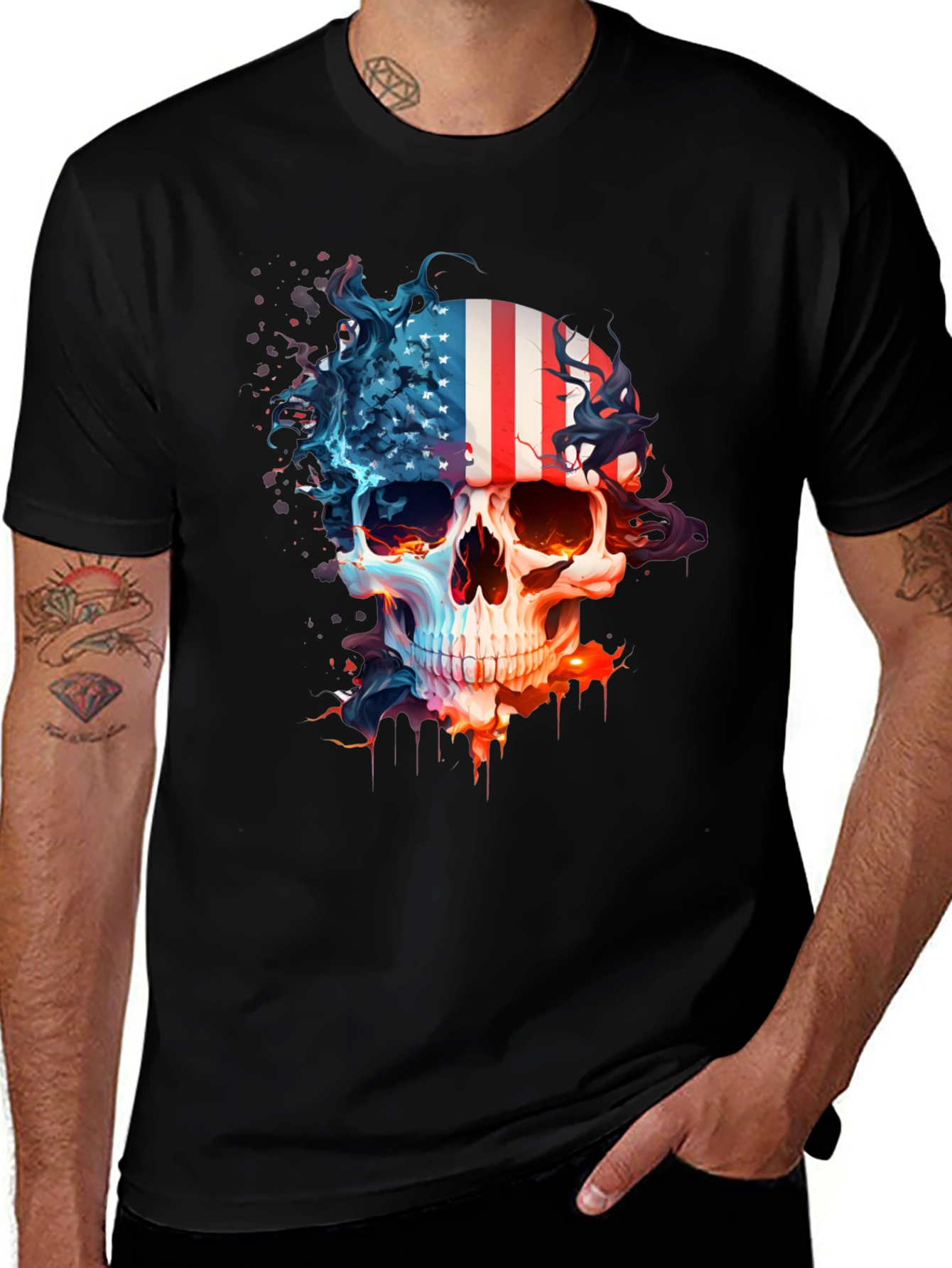 Skull USA Flag Graphic Print T-Shirt