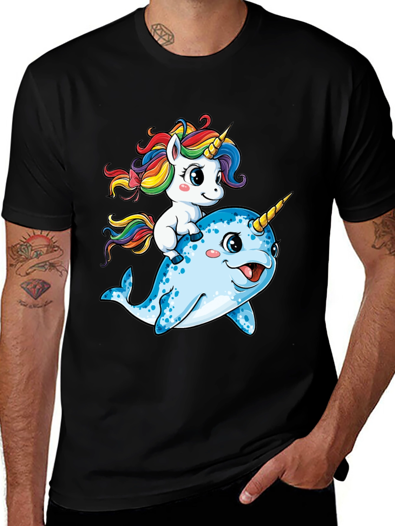 Black Unicorn Riding Narwhal T-Shirt main image