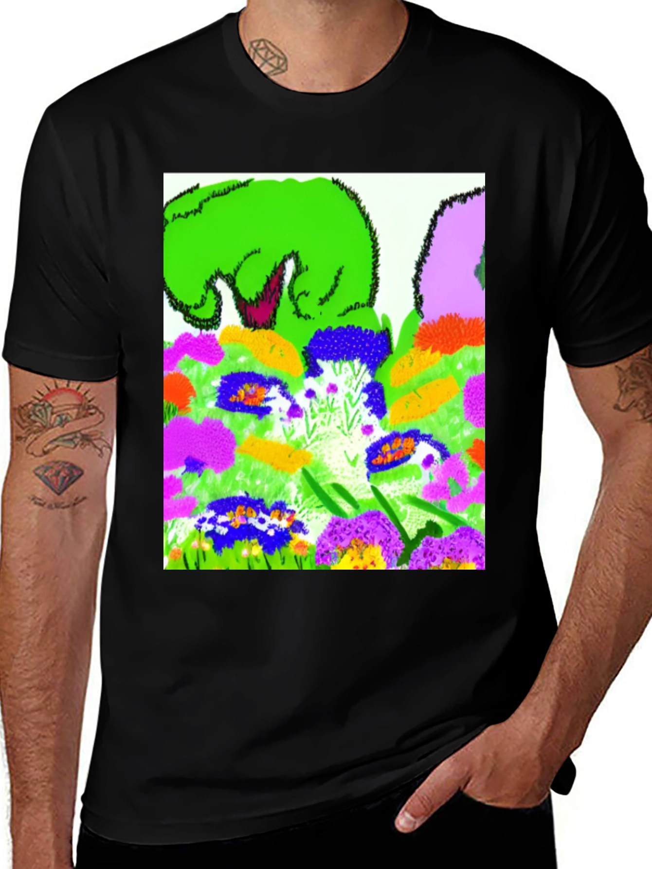 Variant 7 of Vibrant Floral Garden Graphic Tee - Artsy Black T-Shirt