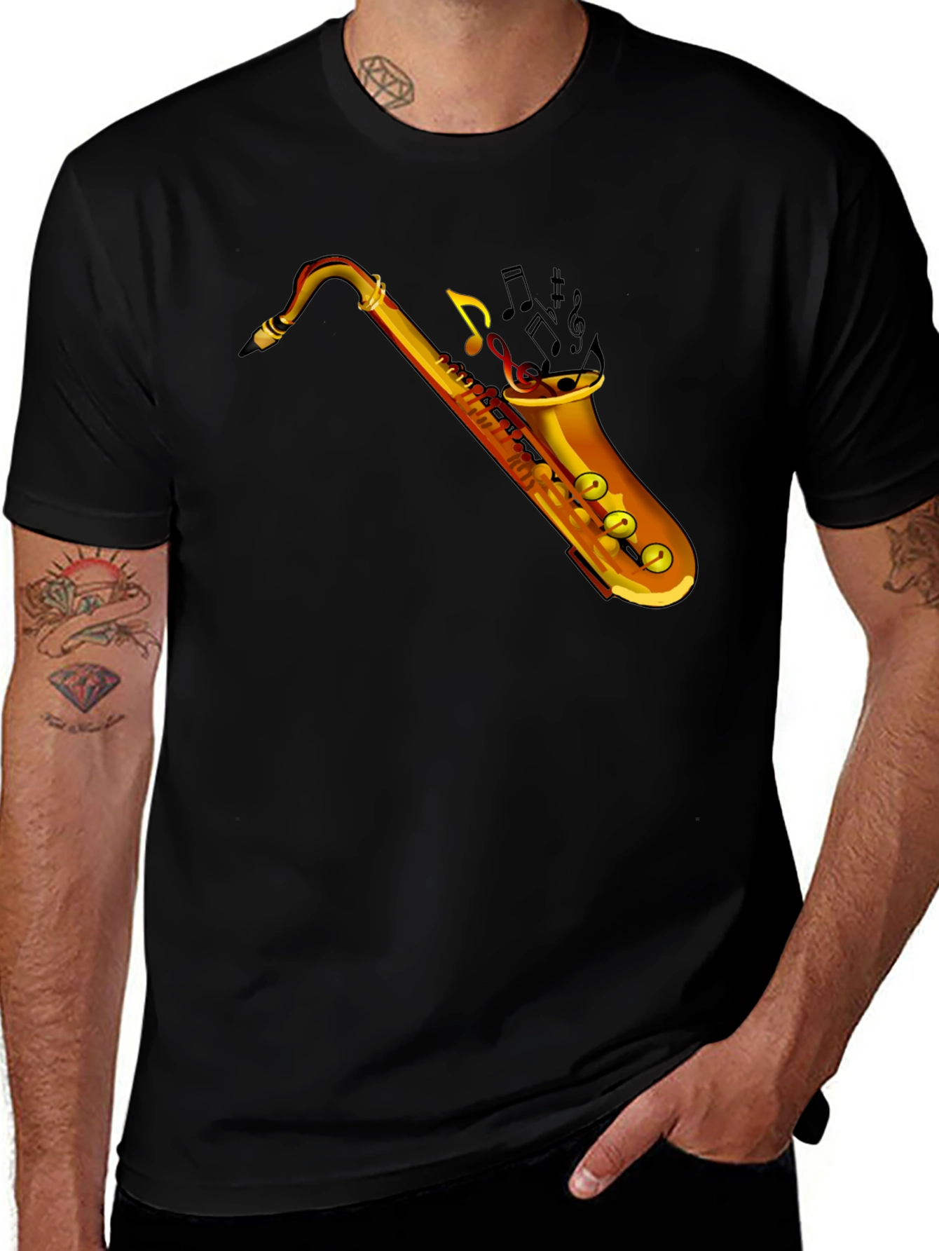 Variant 15 of Saxophone Music Graphic Tee - Black Cotton T-Shirt