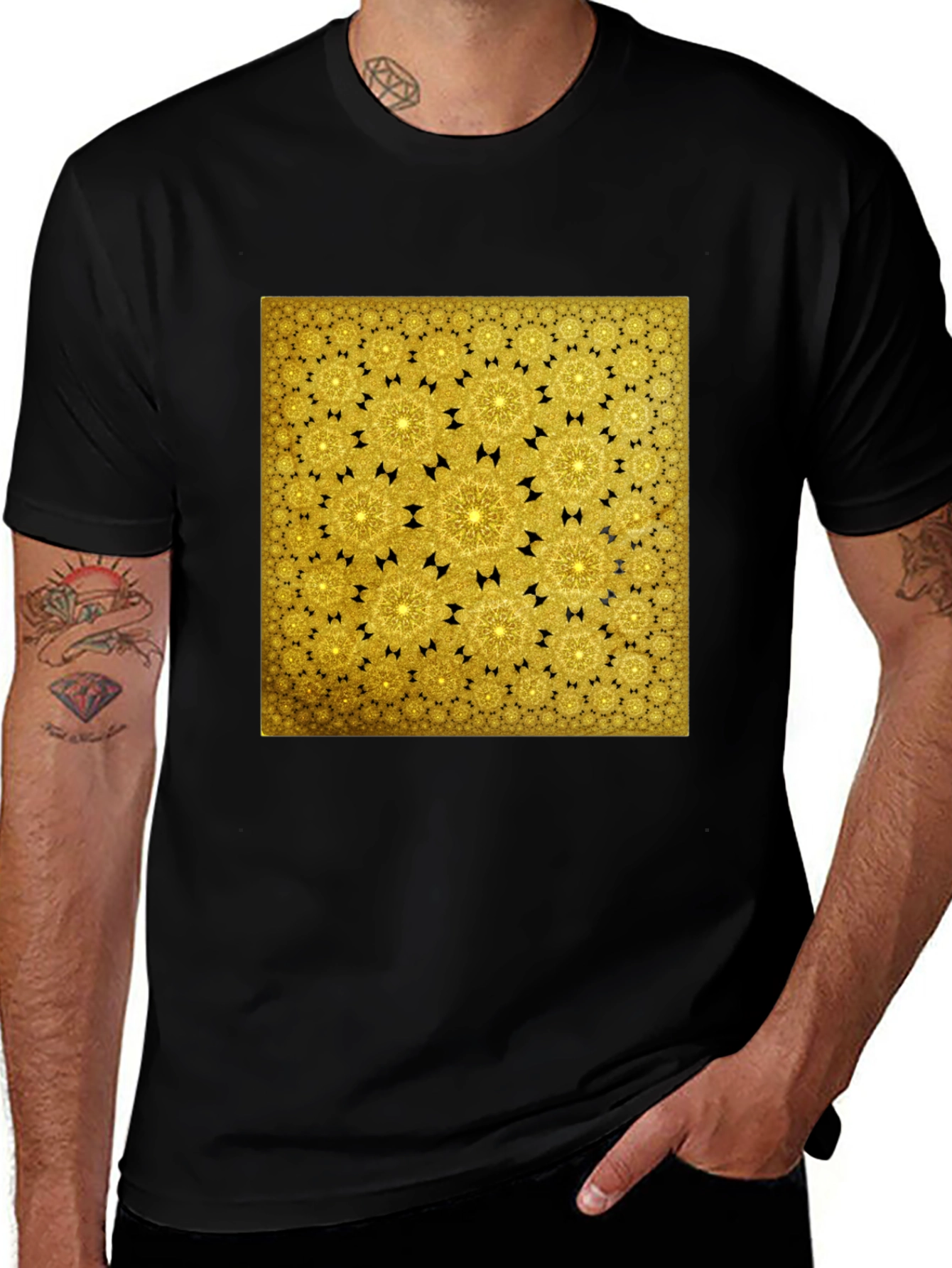 Variant 25 of Golden Fractal Pattern Black T-Shirt