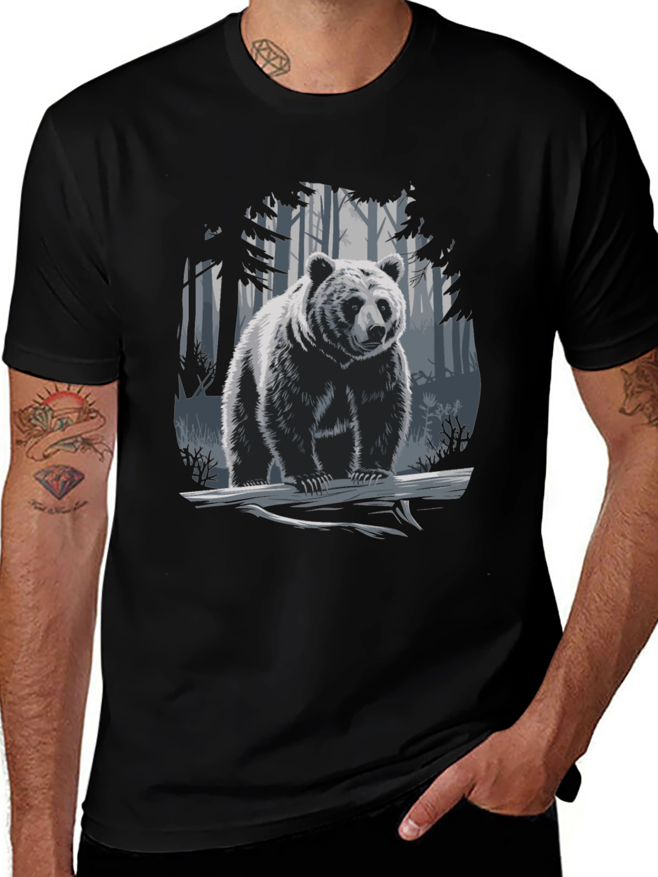 Variant 22 of Bear in Forest Graphic Tee - Black Casual T-Shirt