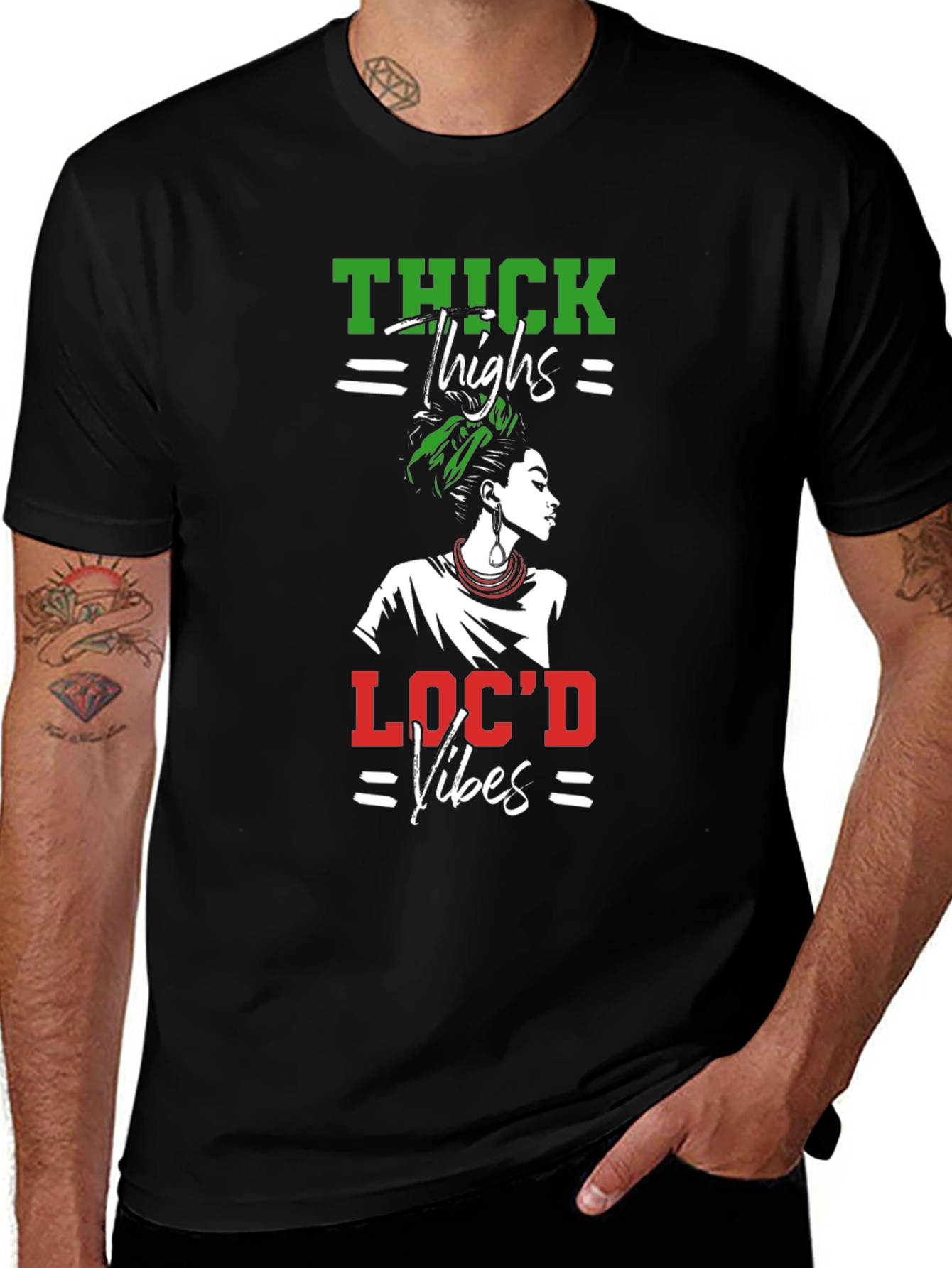 Variant 10 of Thick Thighs Loc'd Vibes Black Graphic Tee