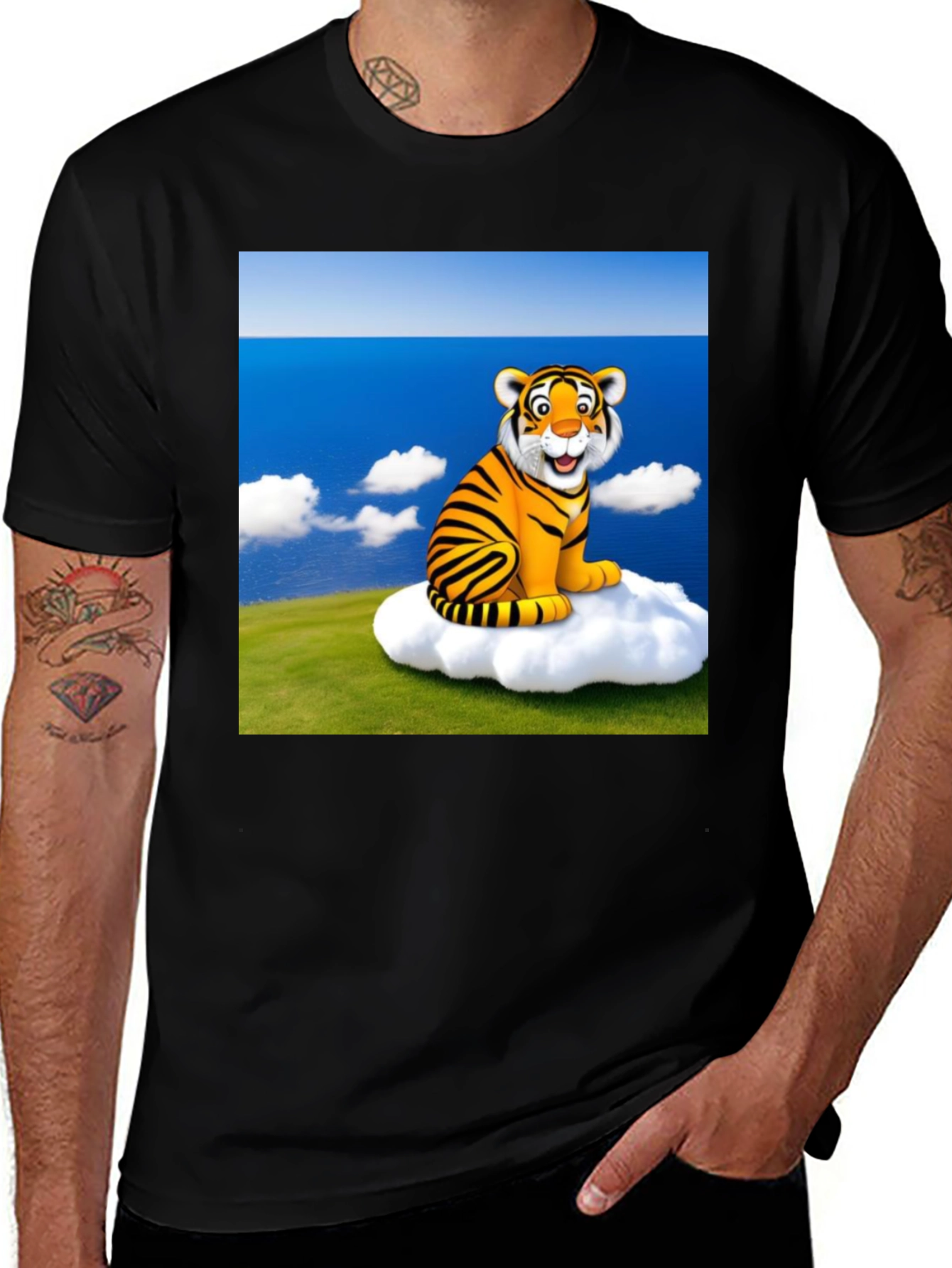 Black Cartoon Tiger on Cloud Black T-Shirt main image
