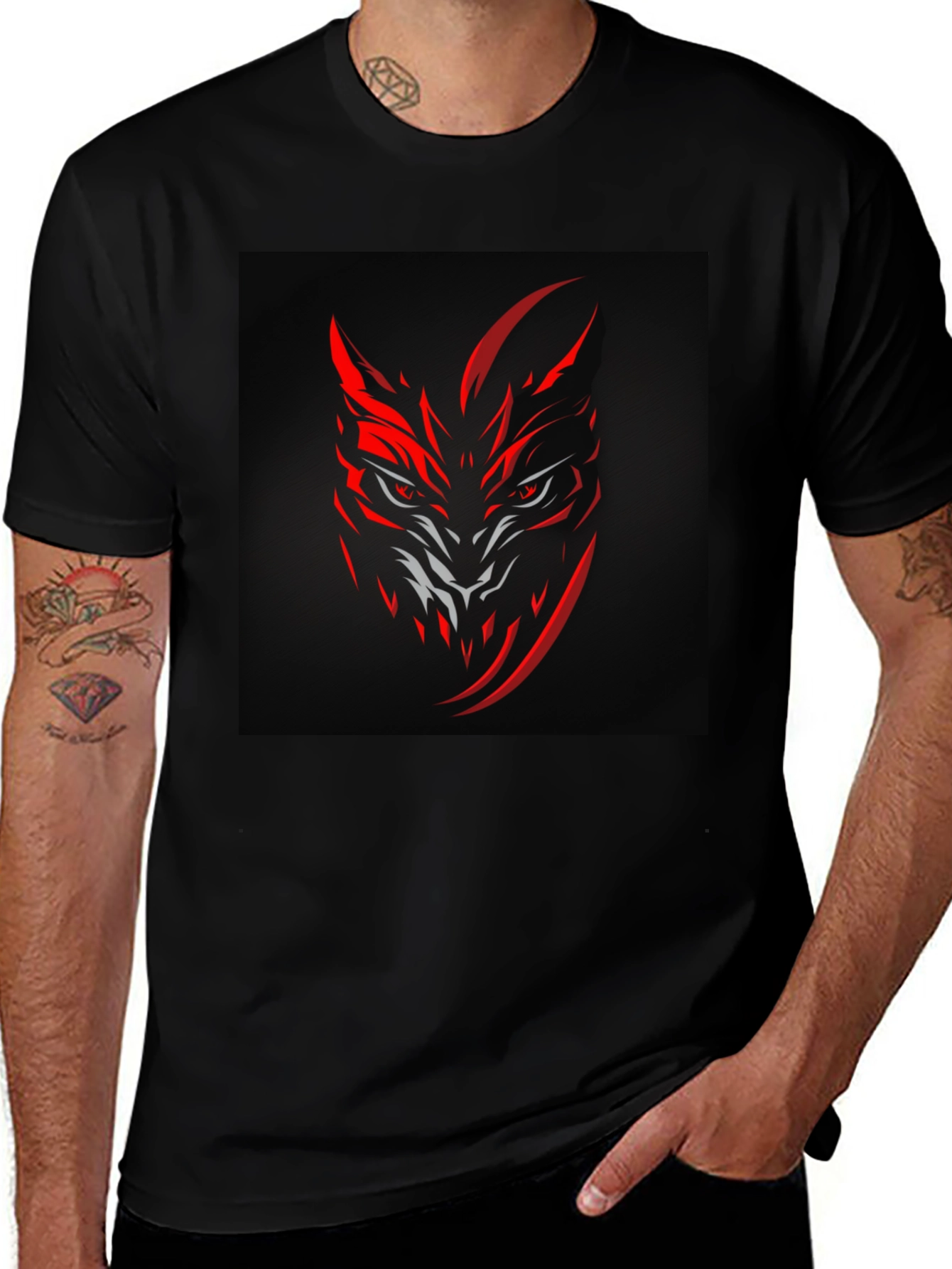 Variant 6 of Men's Black Graphic Tee - Red Wolf Design
