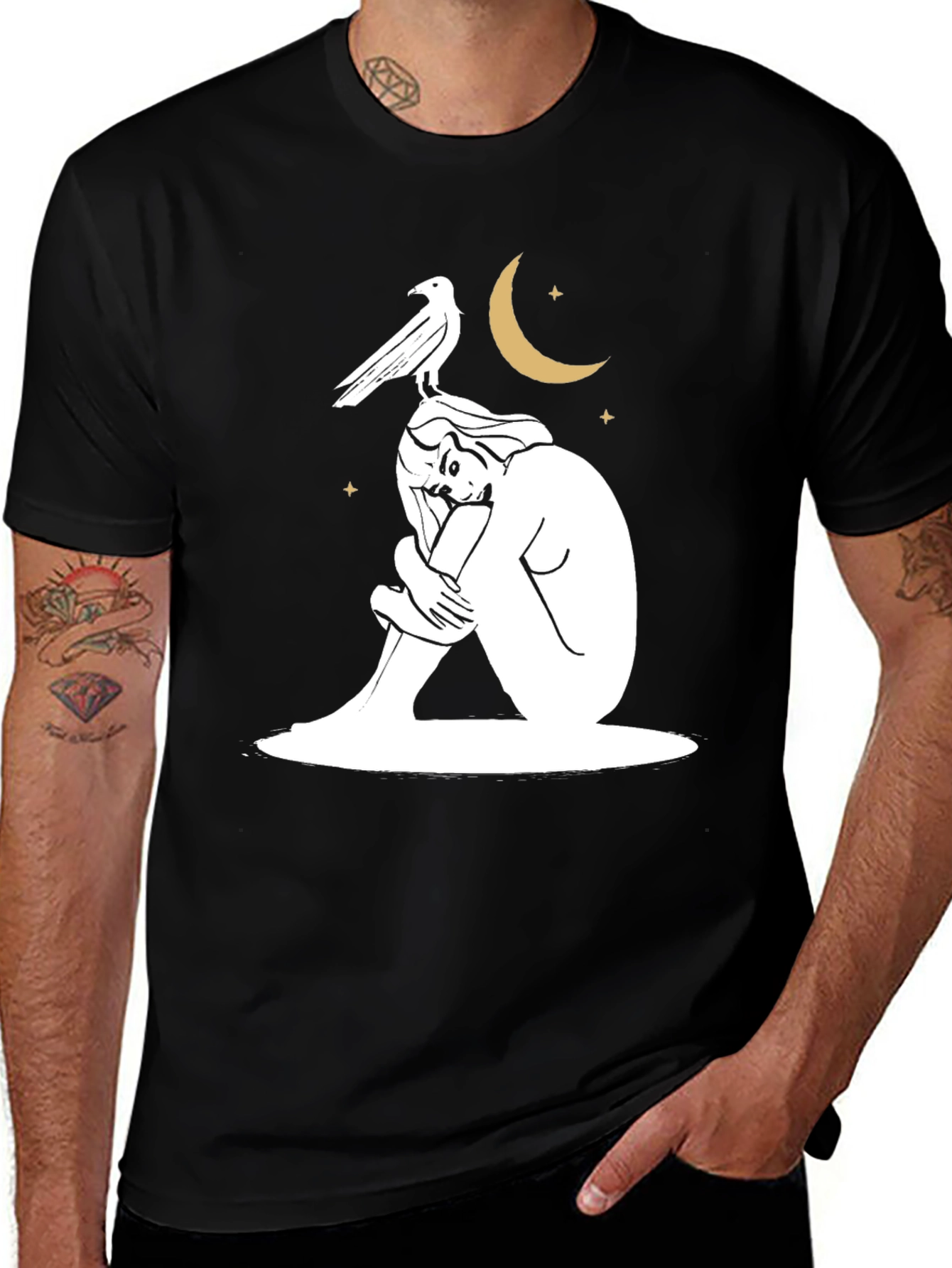 Variant 20 of Artistic Graphic Tee - Woman, Bird, and Moon Design