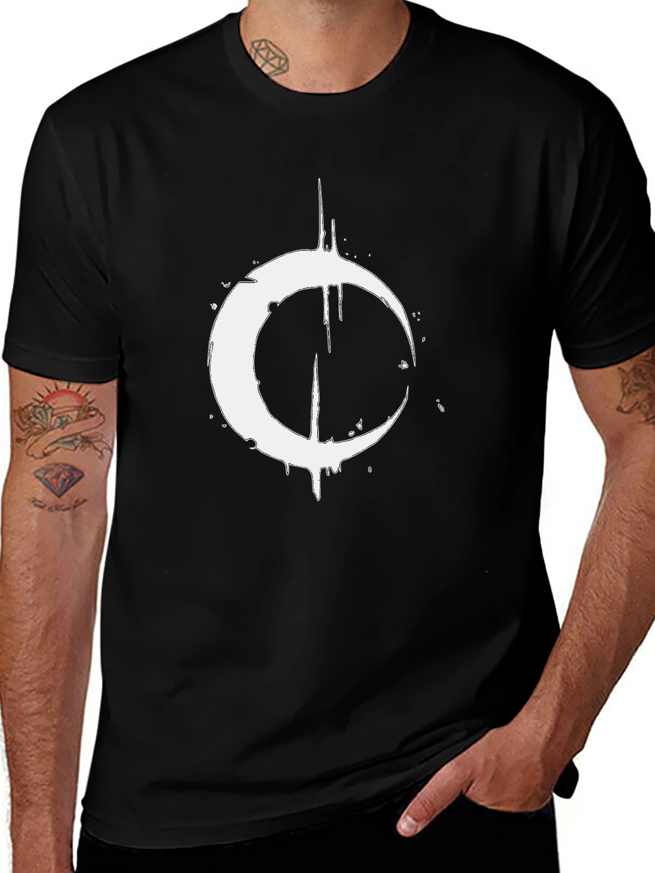 Variant 28 of Men's Black T-Shirt with Distressed Crescent Moon Graphic