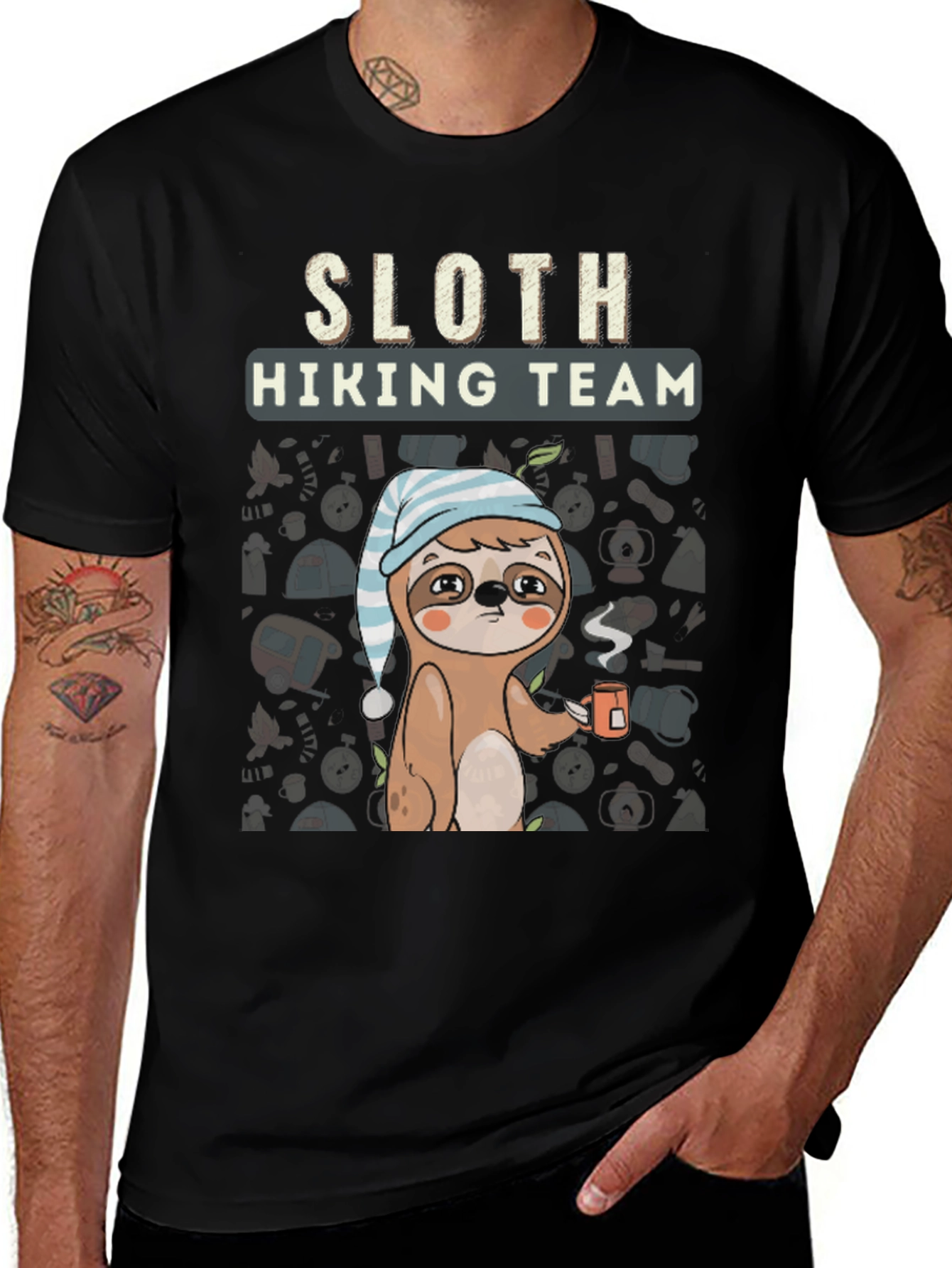 Variant 12 of Sloth Hiking Team Tee - Black Cotton Shirt
