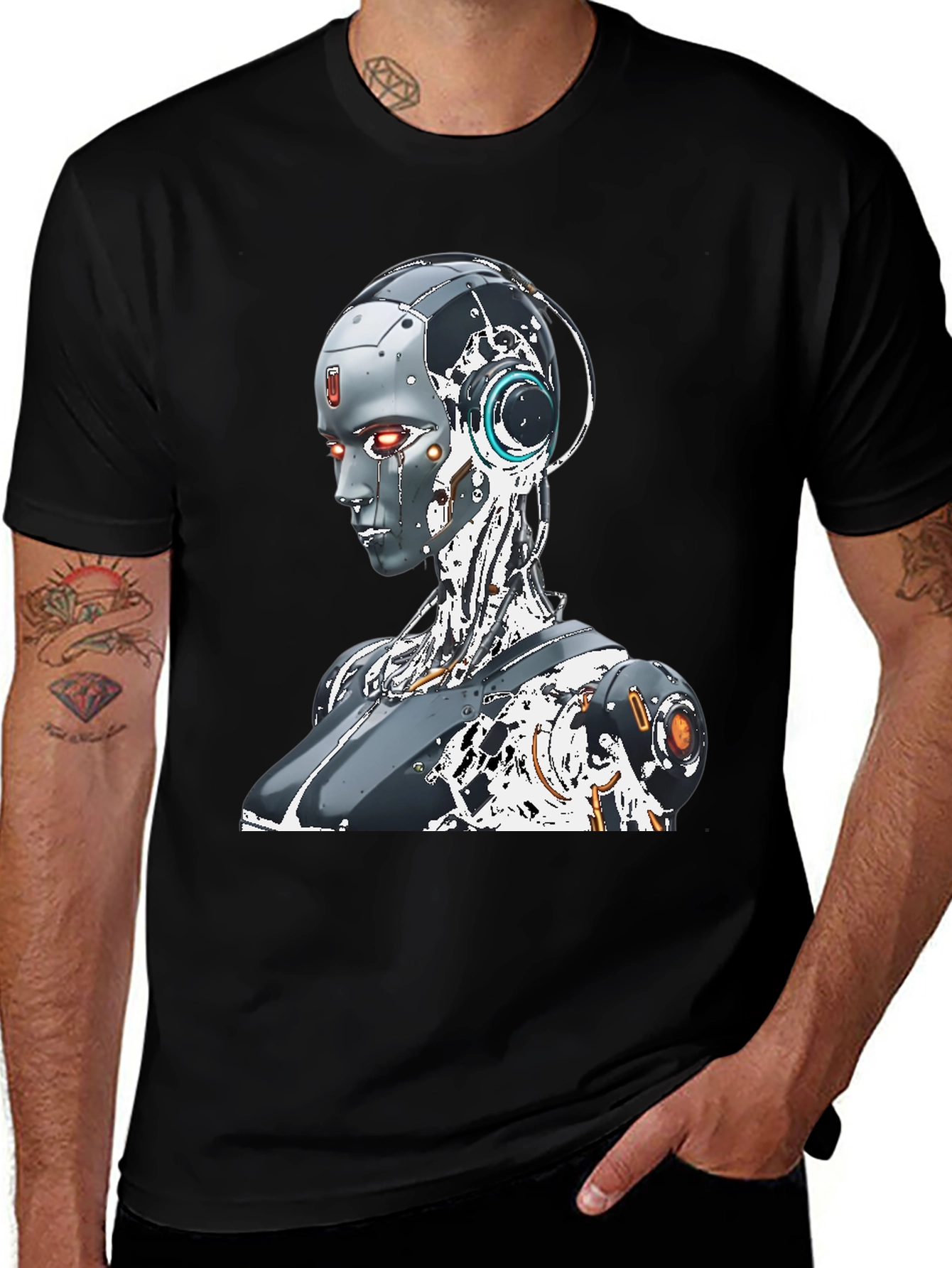 Variant 4 of Cyberpunk Robot Graphic Tee - Black Cotton Shirt