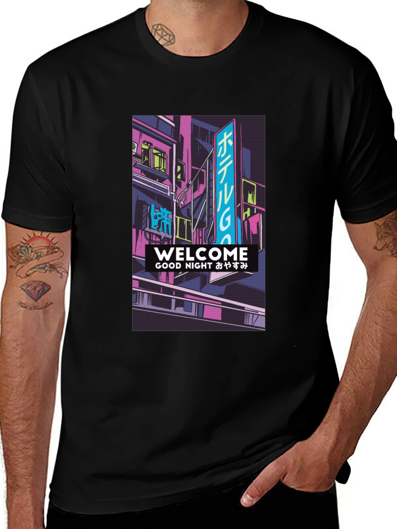 Black Neon Cityscape Graphic T-Shirt main image