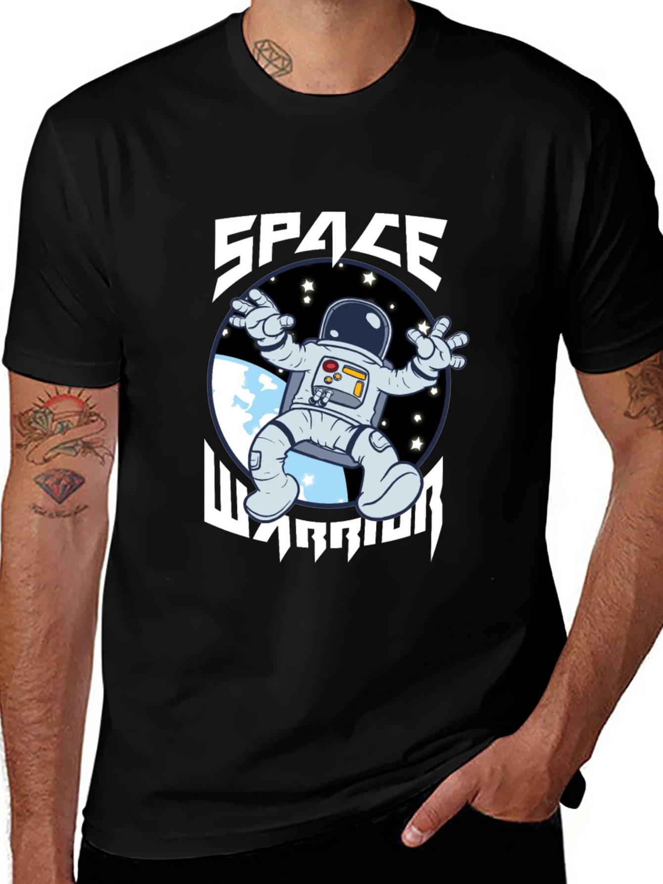 Space Warrior Graphic Print Black T-Shirt