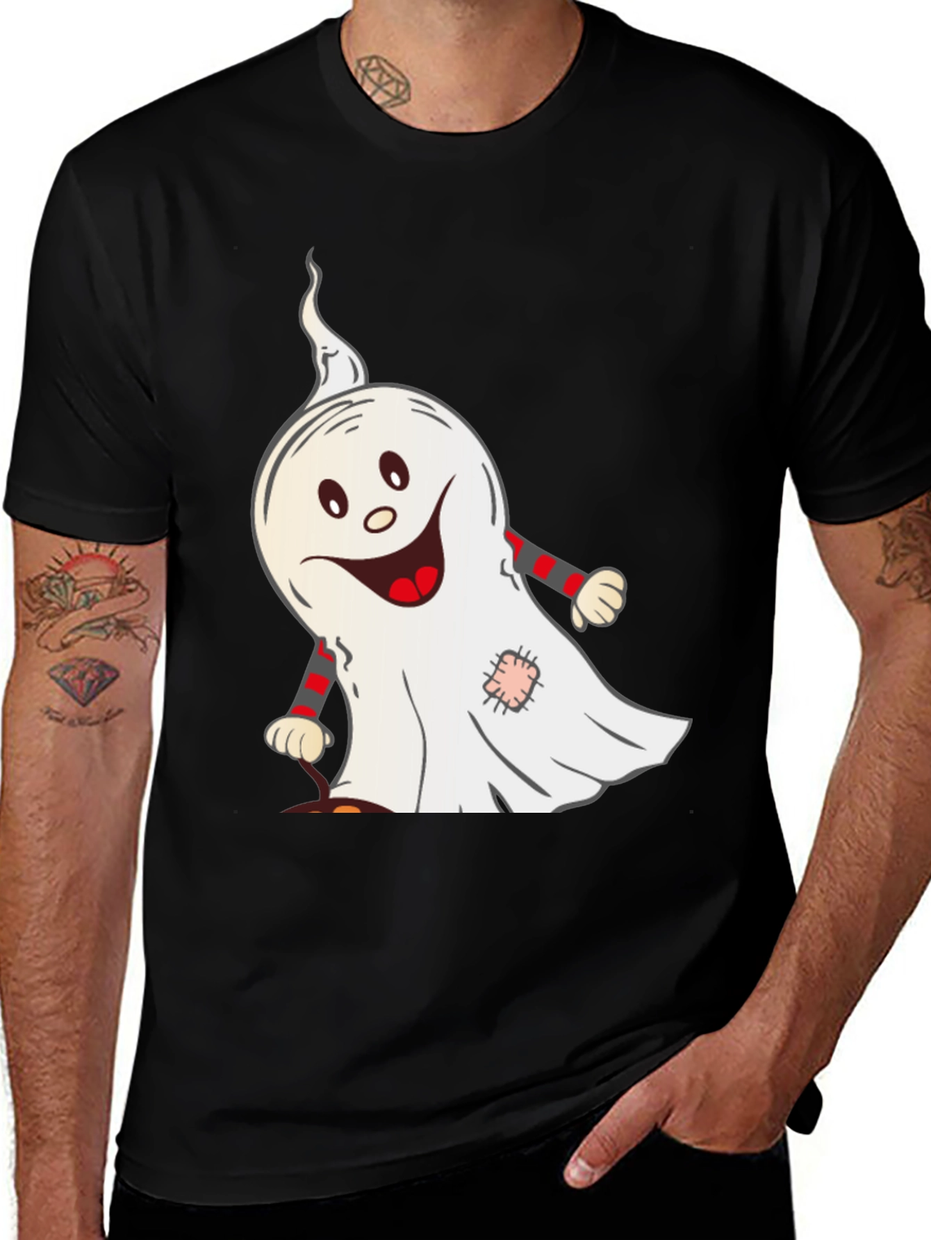 Variant 30 of Halloween Ghost Graphic Tee - Black Cotton T-Shirt