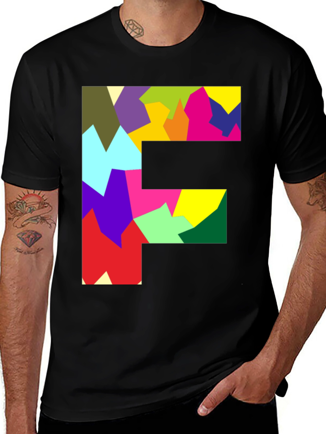 Abstract Letter F Graphic Tee - Modern Black T-Shirt