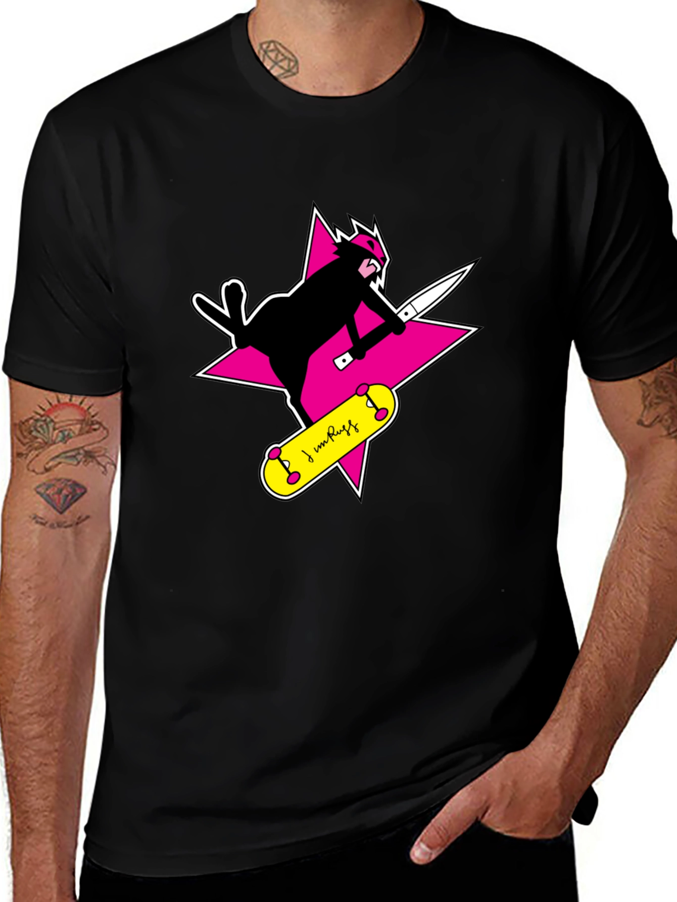 Variant 14 of Skateboarding Ninja Cat Graphic Tee - Black