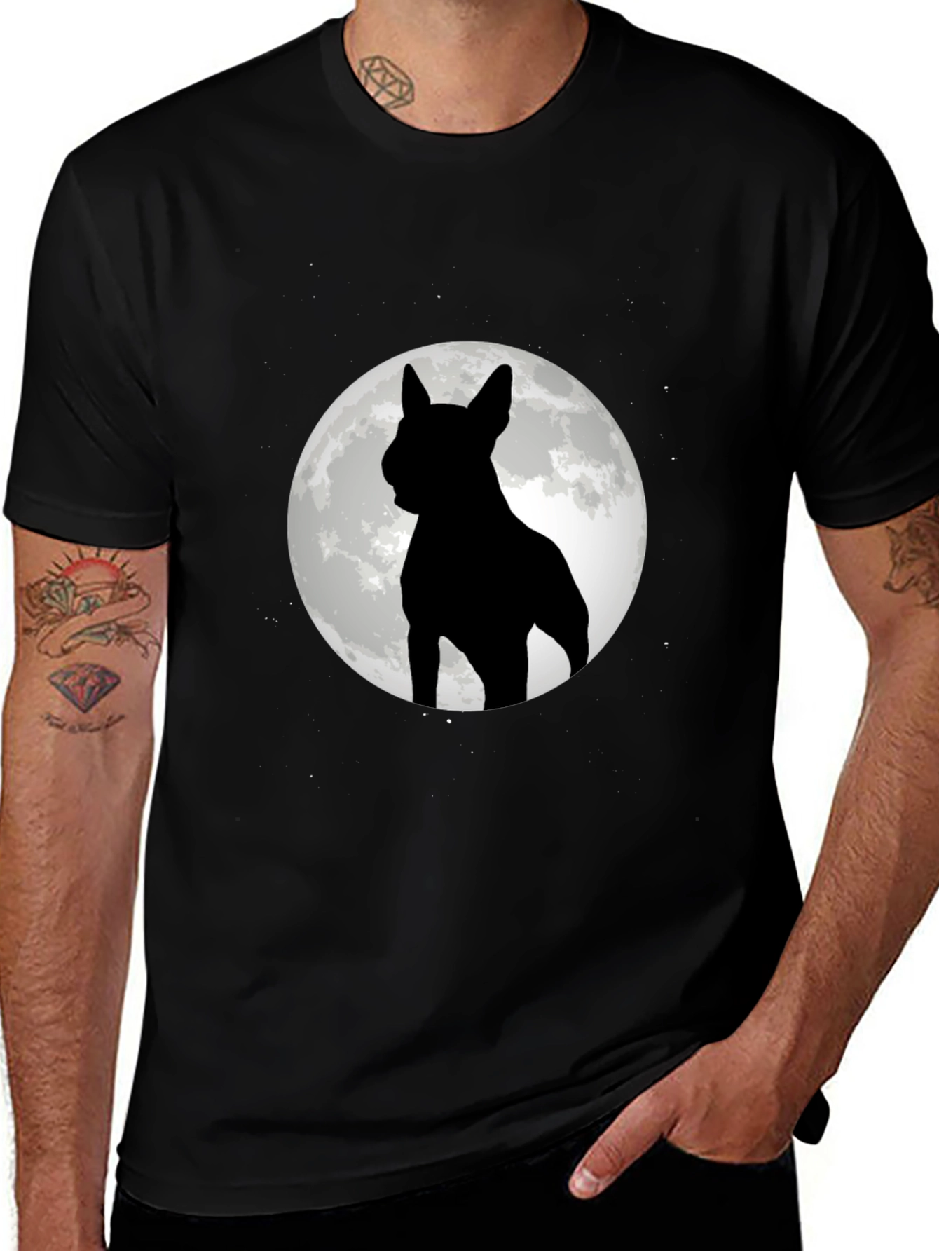 Variant 22 of Dog Silhouette Moon Graphic Tee - Black Cotton Blend