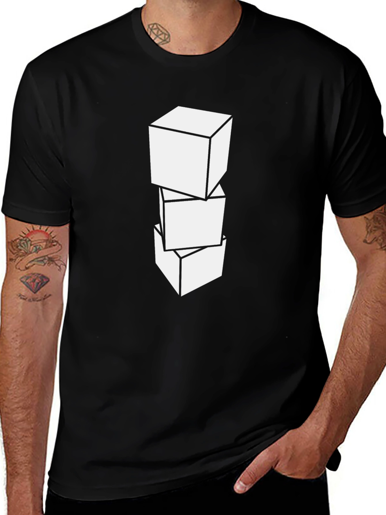 Geometric Cube Graphic Tee - Casual Black T-Shirt
