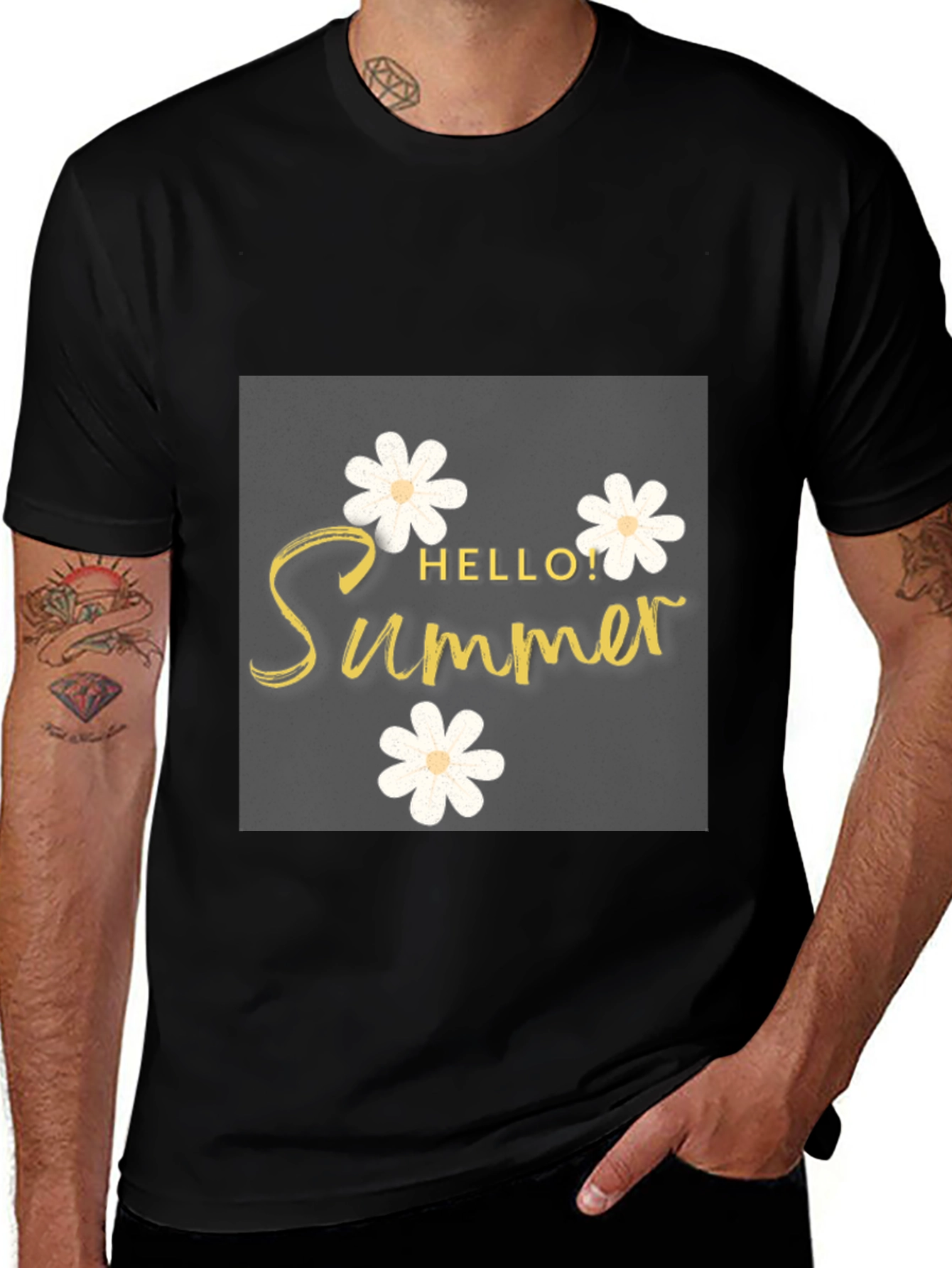 Variant 23 of Hello Summer Black T-Shirt with Floral Design