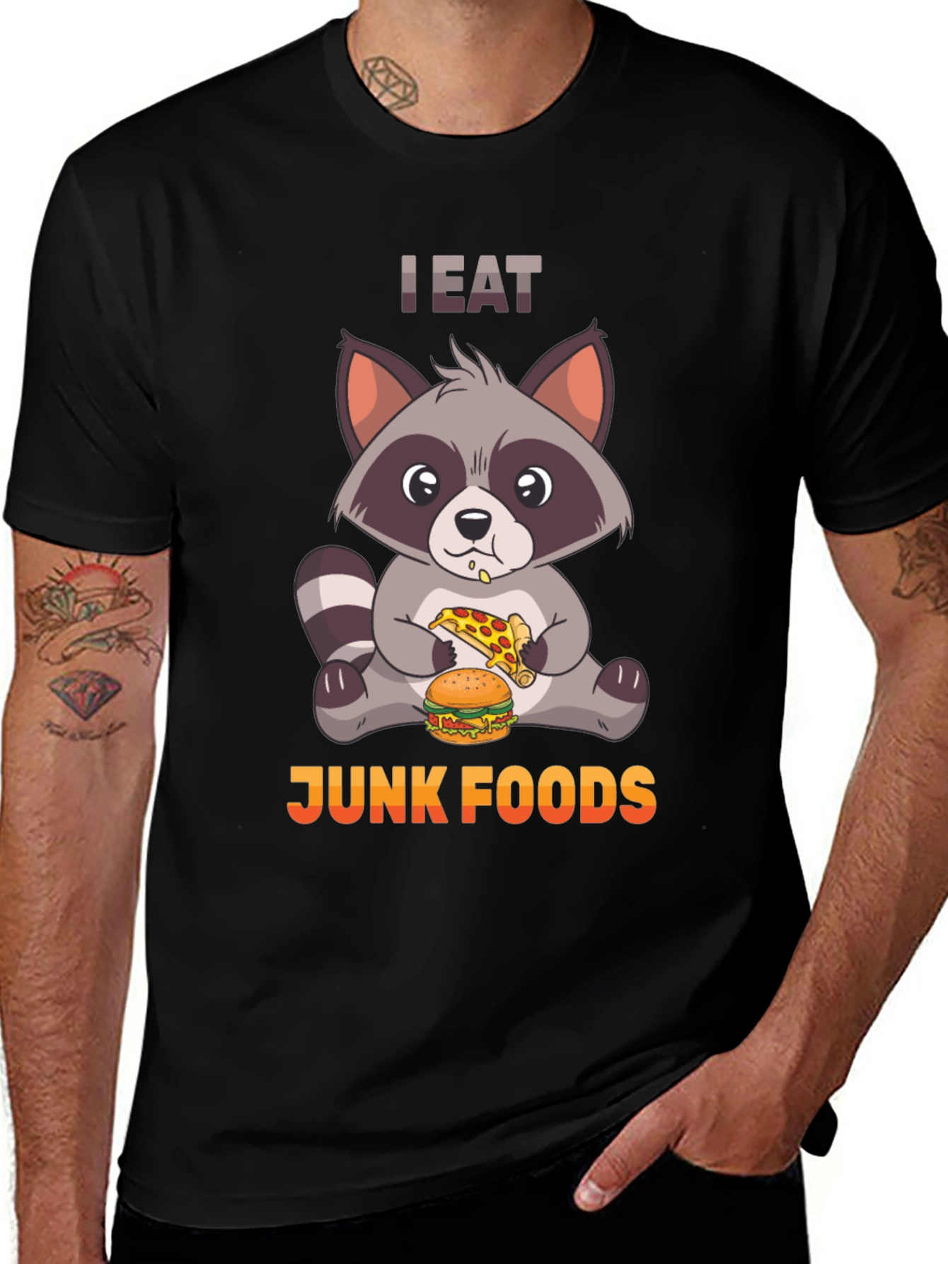Variant 13 of I Eat Junk Foods T-Shirt, Raccoon Pizza & Burger Tee