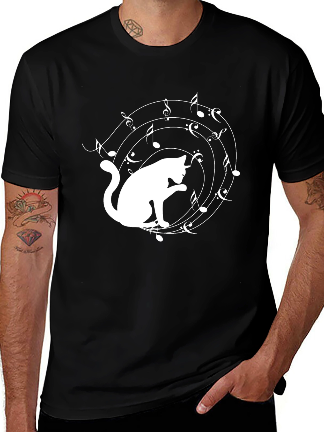 Variant 15 of Cat Music Lover T-Shirt - Black Cotton Tee