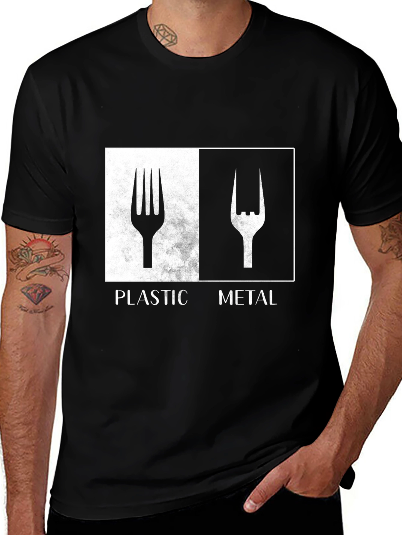 Variant 11 of Plastic vs Metal Fork Graphic Tee - Black Cotton T-Shirt