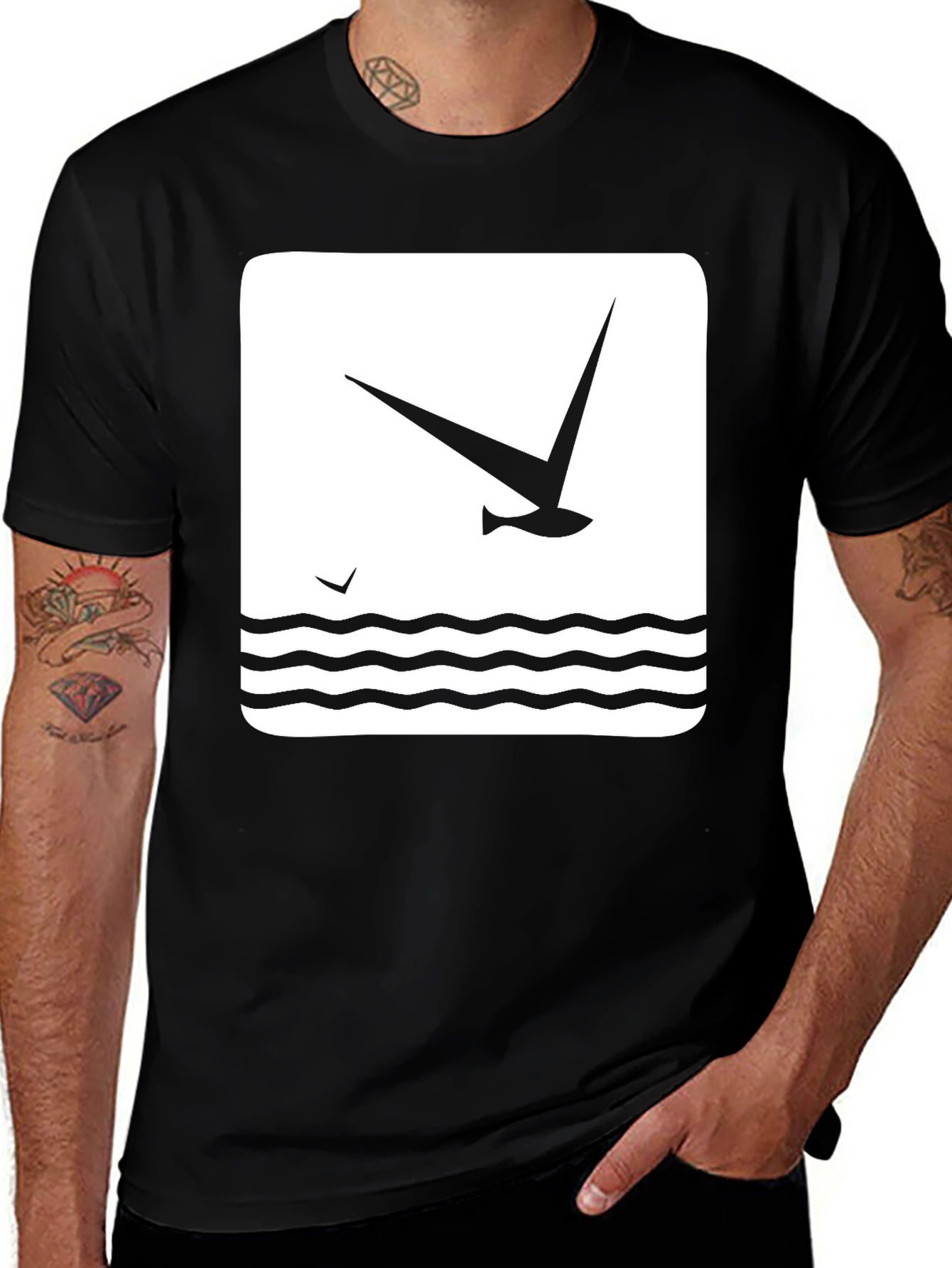 Variant 17 of Stylish Black T-Shirt with Unique Bird and Wave Graphic Design