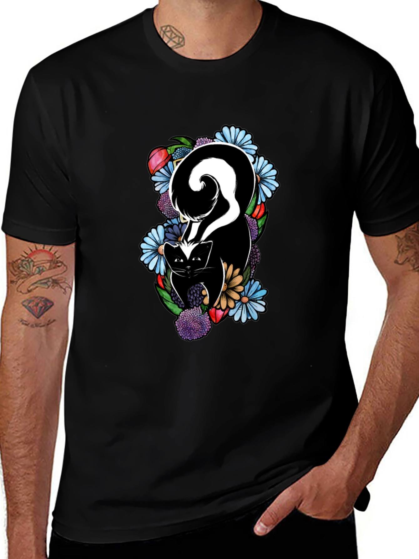 Variant 13 of Skunk & Floral Graphic Tee - Black
