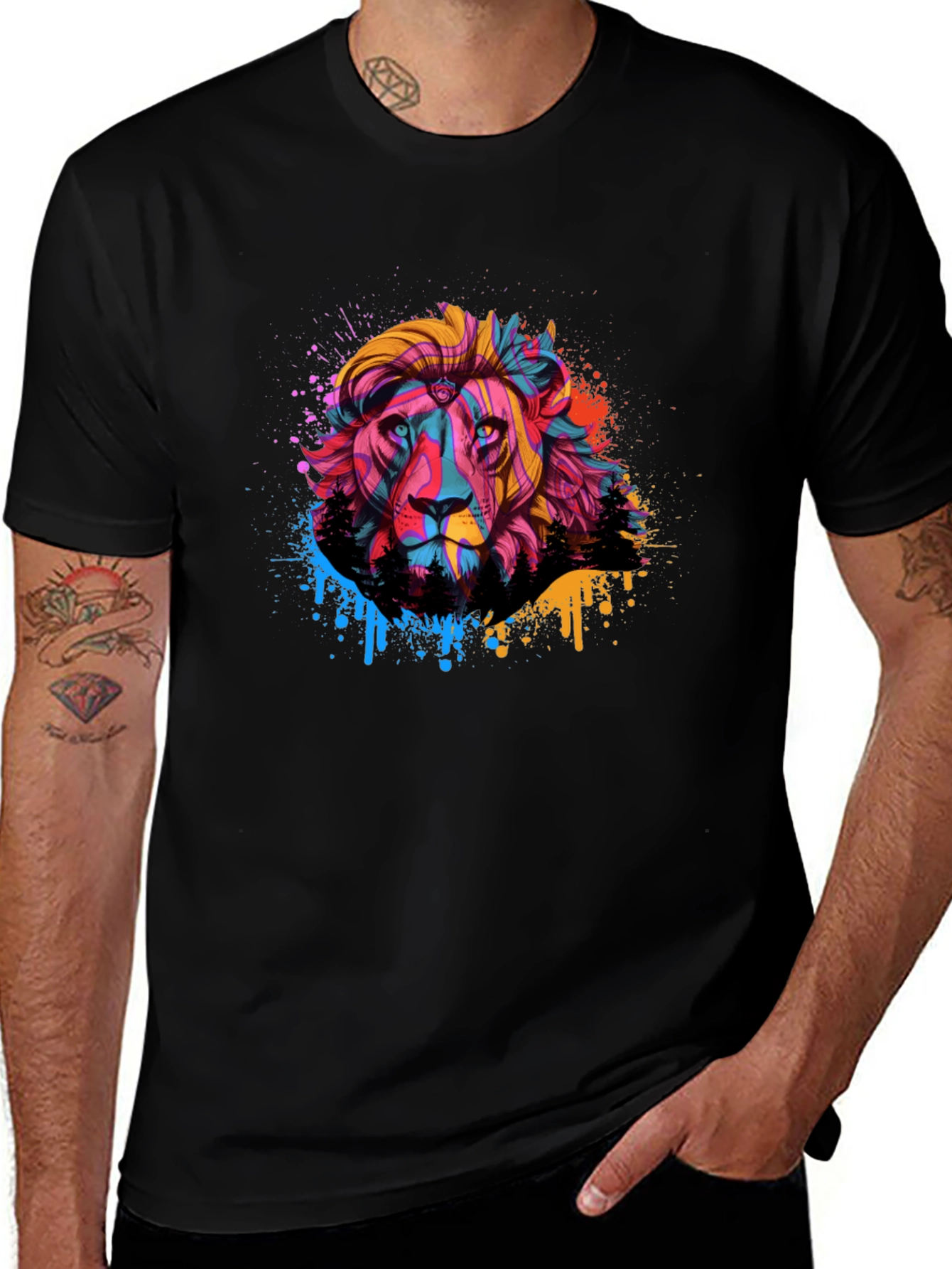 Variant 2 of Colorful Lion Graphic Print Black T-Shirt