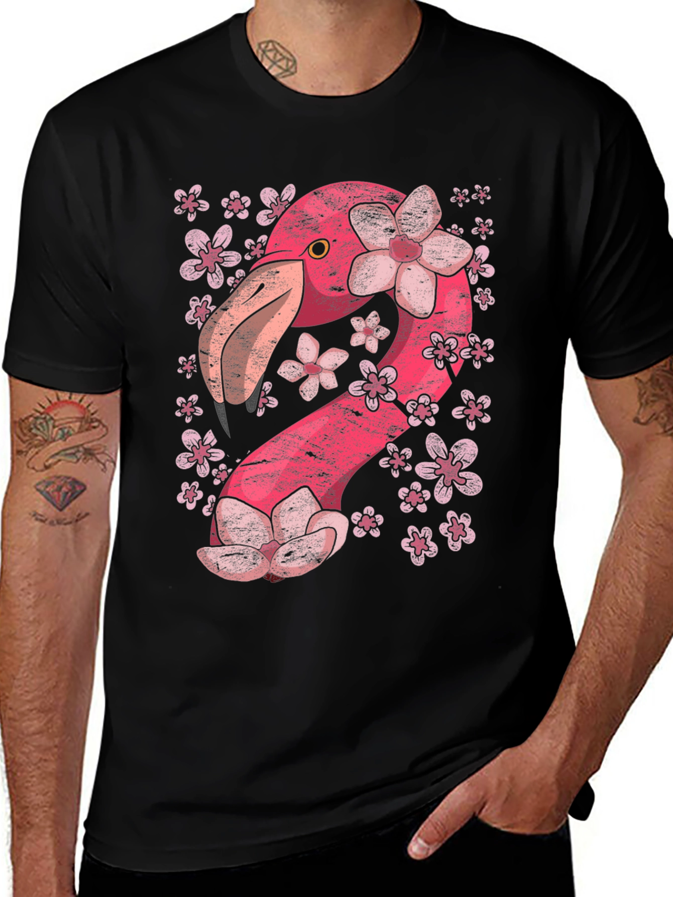 Variant 18 of Floral Flamingo Graphic Tee - Black Cotton Shirt