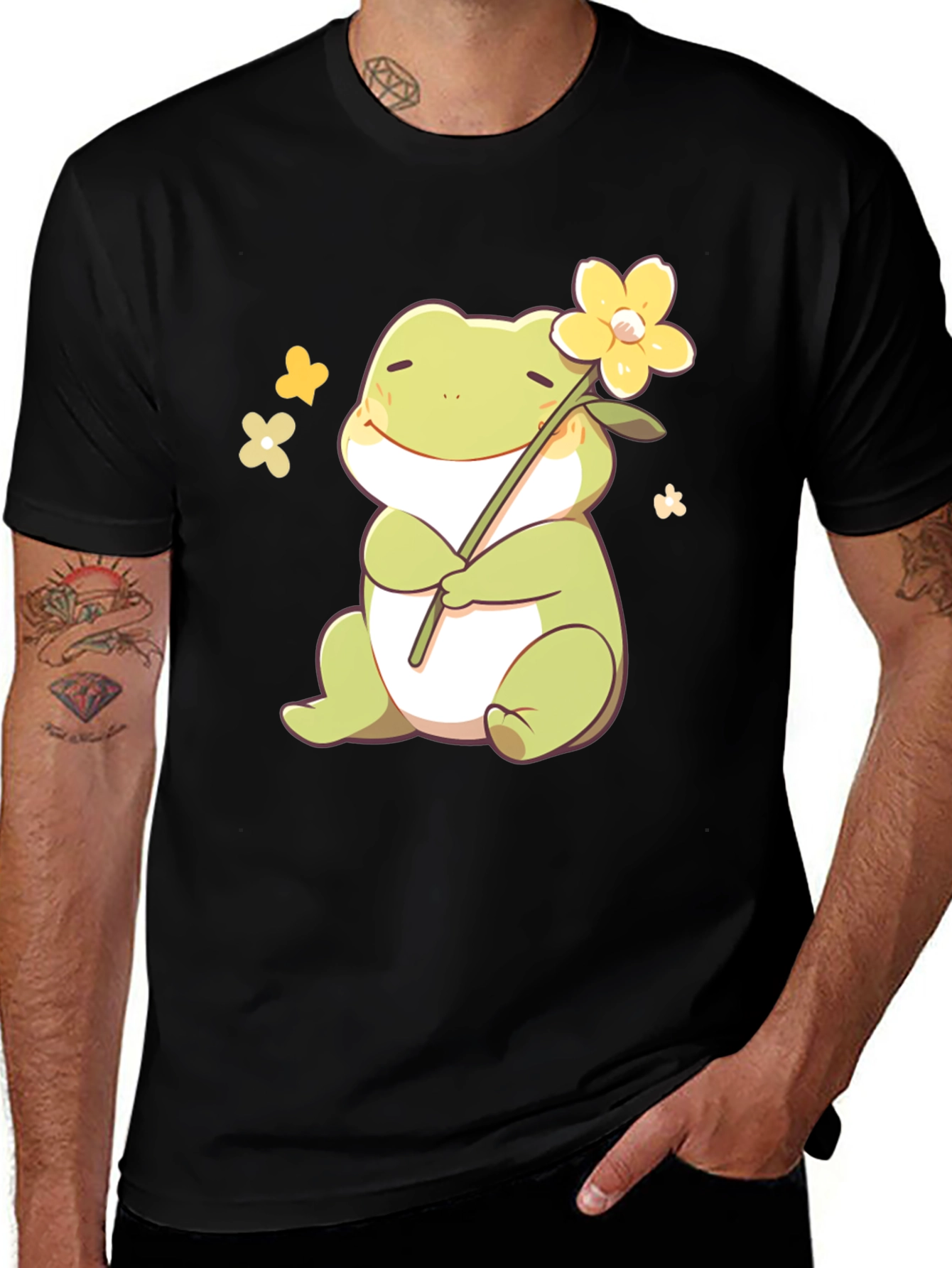 Variant 23 of Cute Frog with Flower Black T-Shirt