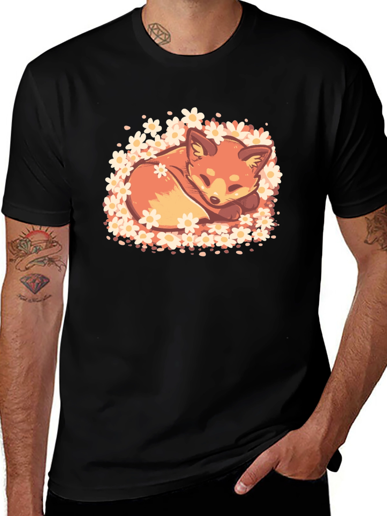 Variant 24 of Cute Sleeping Fox Floral Tee - Soft Black Cotton T-Shirt