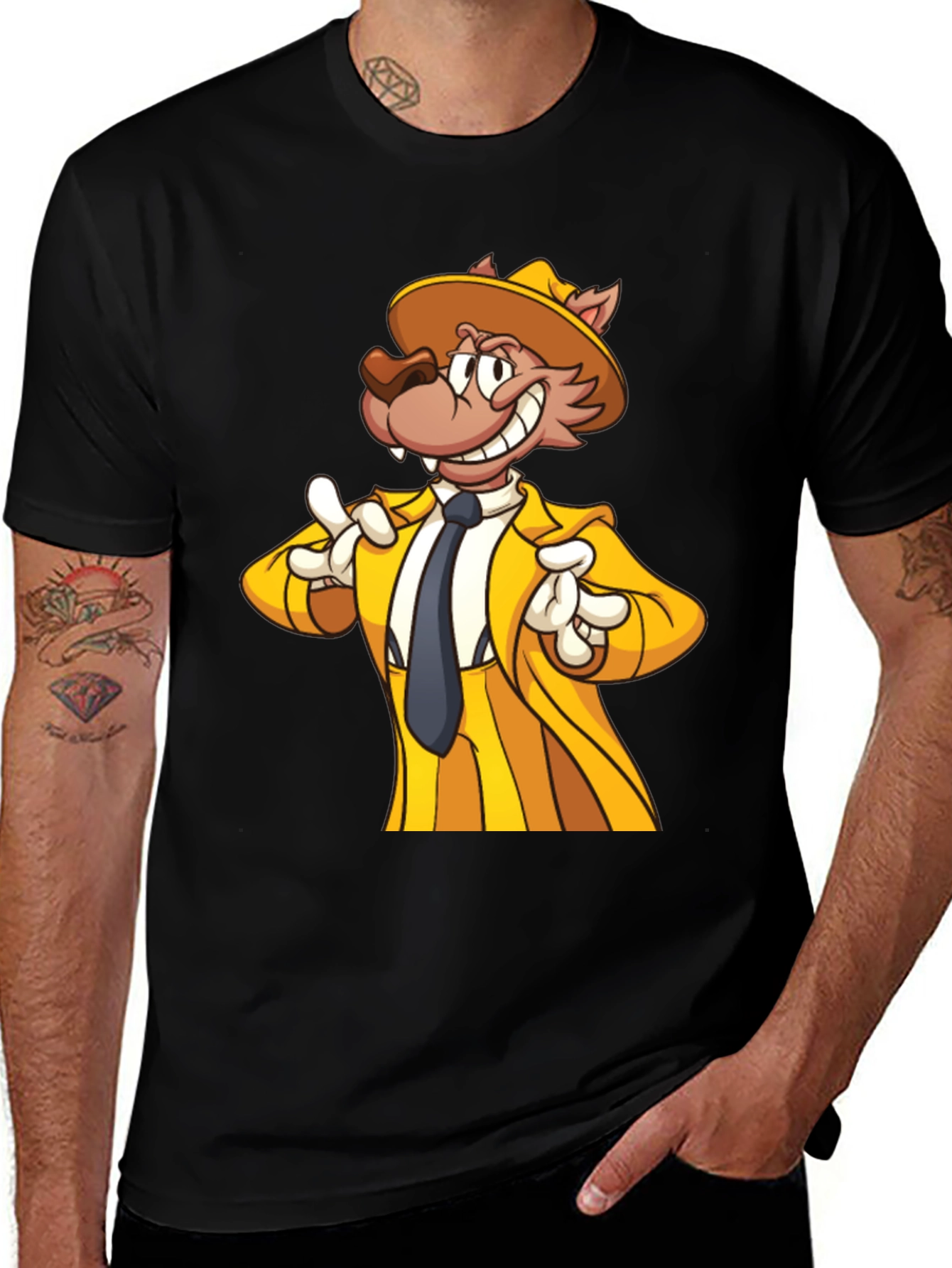 Variant 9 of Cartoon Wolf in Yellow Suit - Men's Black T-Shirt