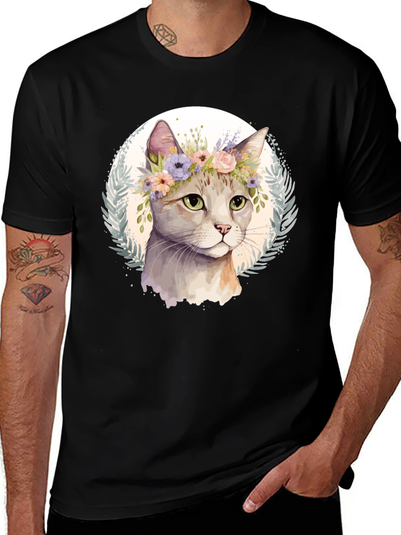 Variant 18 of Cat with Floral Crown Black T-Shirt