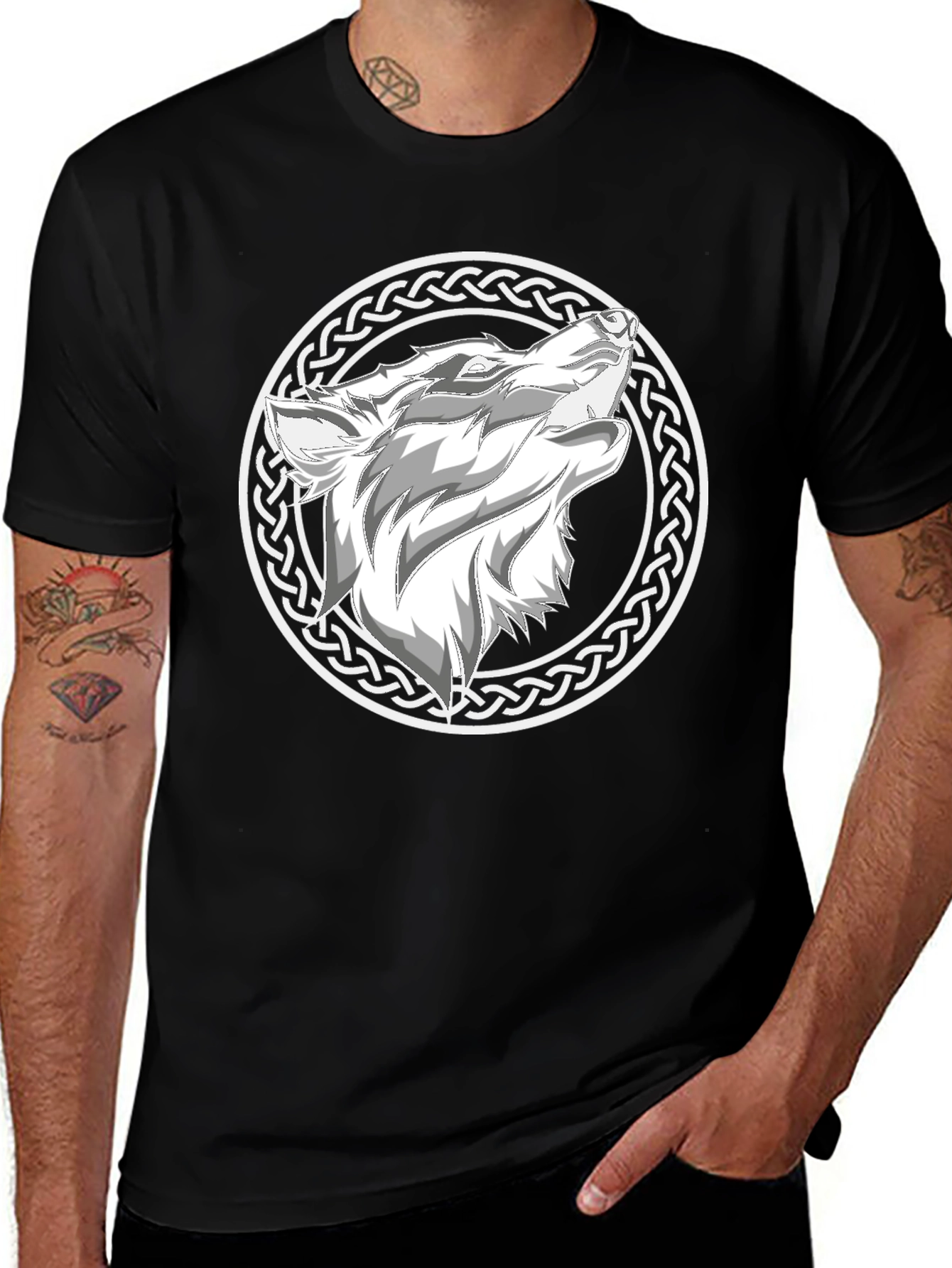 Variant 17 of Wolf Head Celtic Knot Design Black T-Shirt