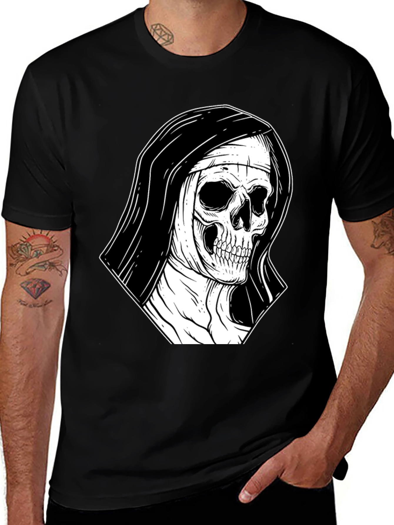 Variant 26 of Nun Skull Graphic Black T-Shirt