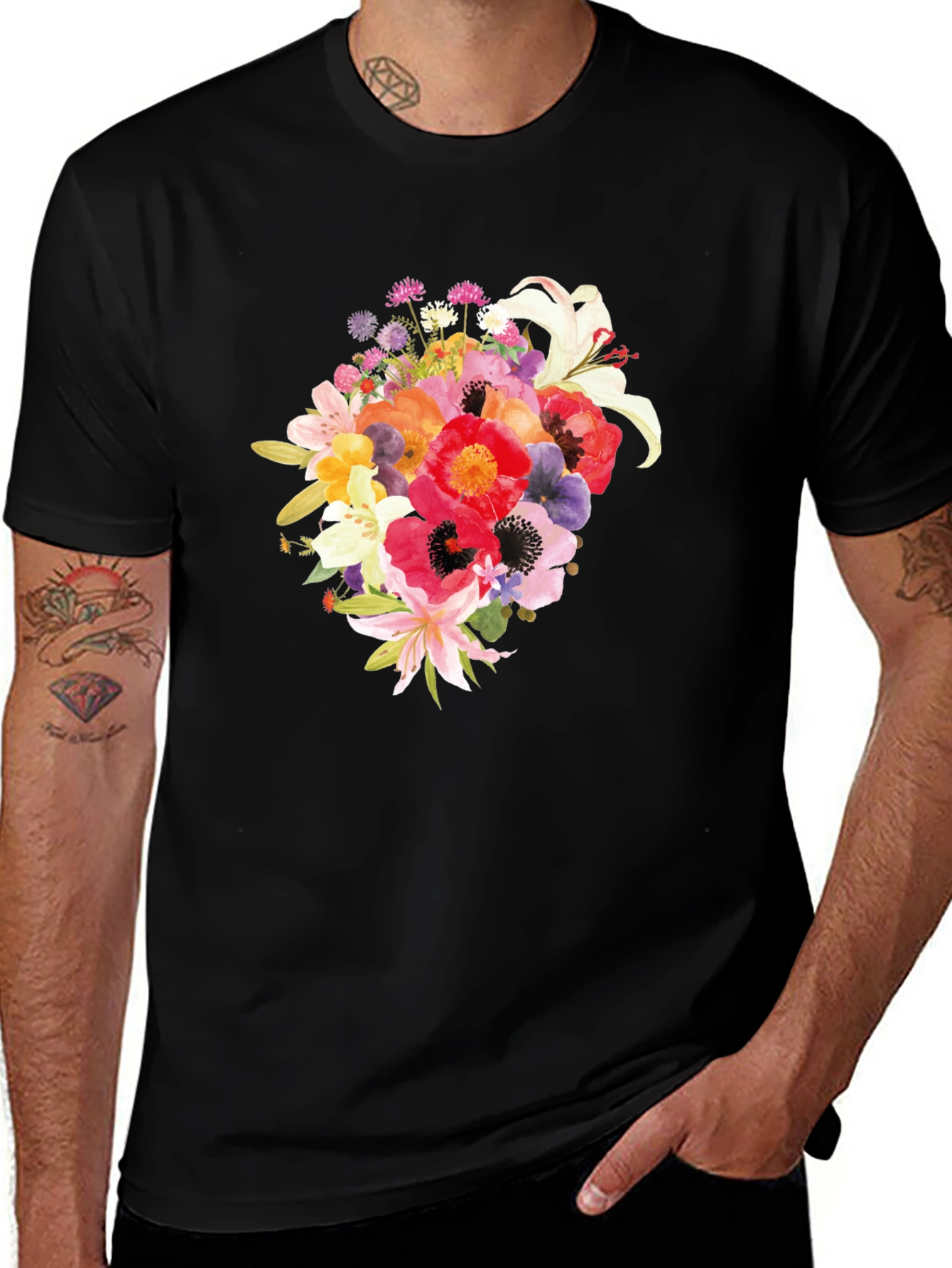Floral Bouquet Graphic Tee - Black Cotton T-Shirt