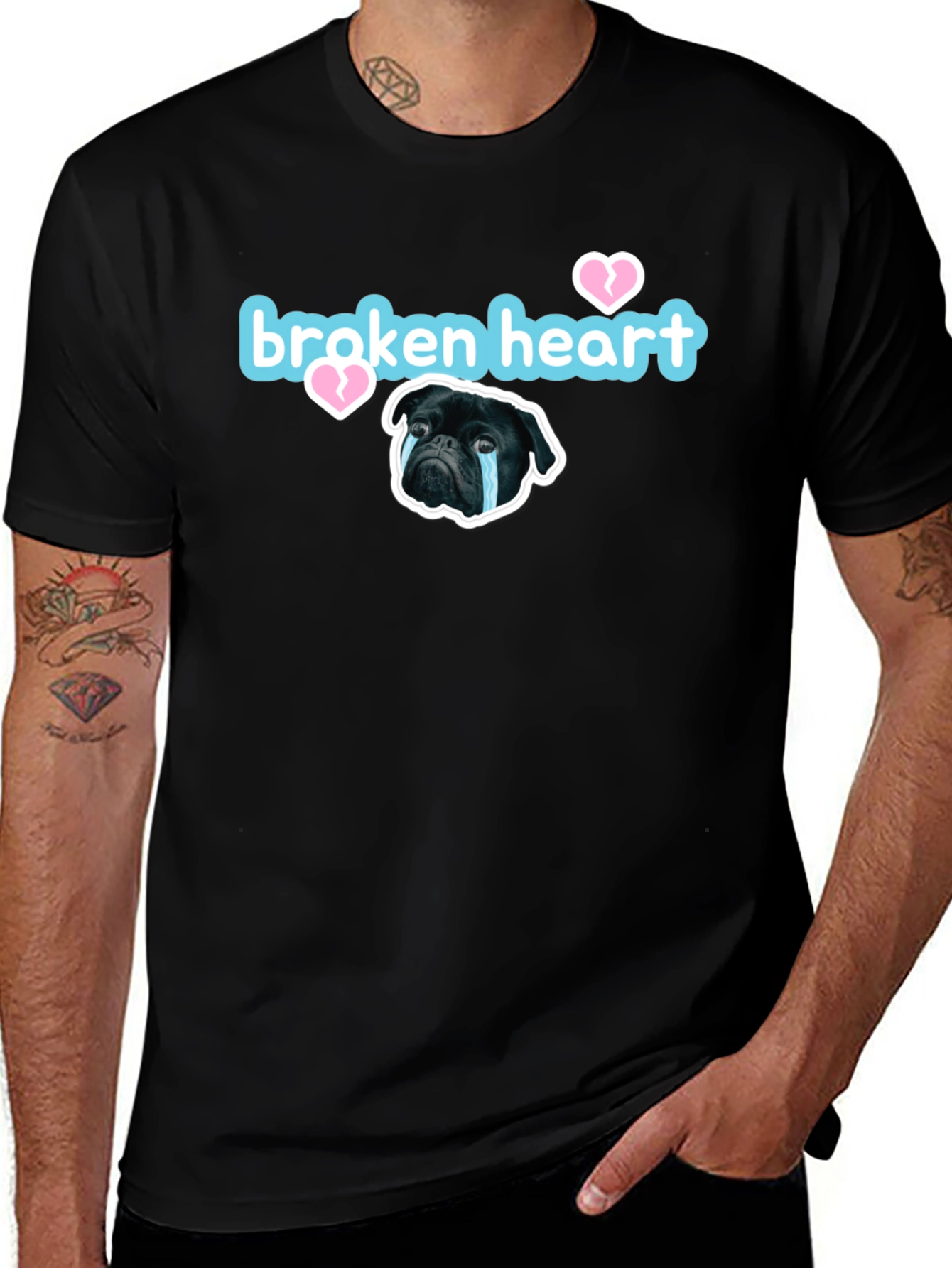 Variant 16 of Broken Heart Pug Graphic Tee - Black Short Sleeve