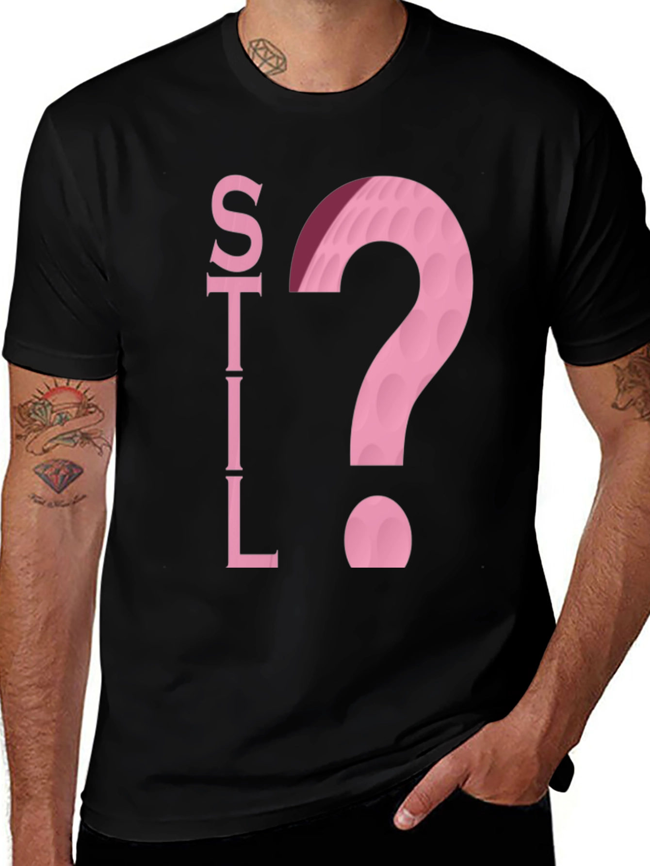 Variant 20 of Still Golfing? T-Shirt - Black Cotton Tee with Pink Design
