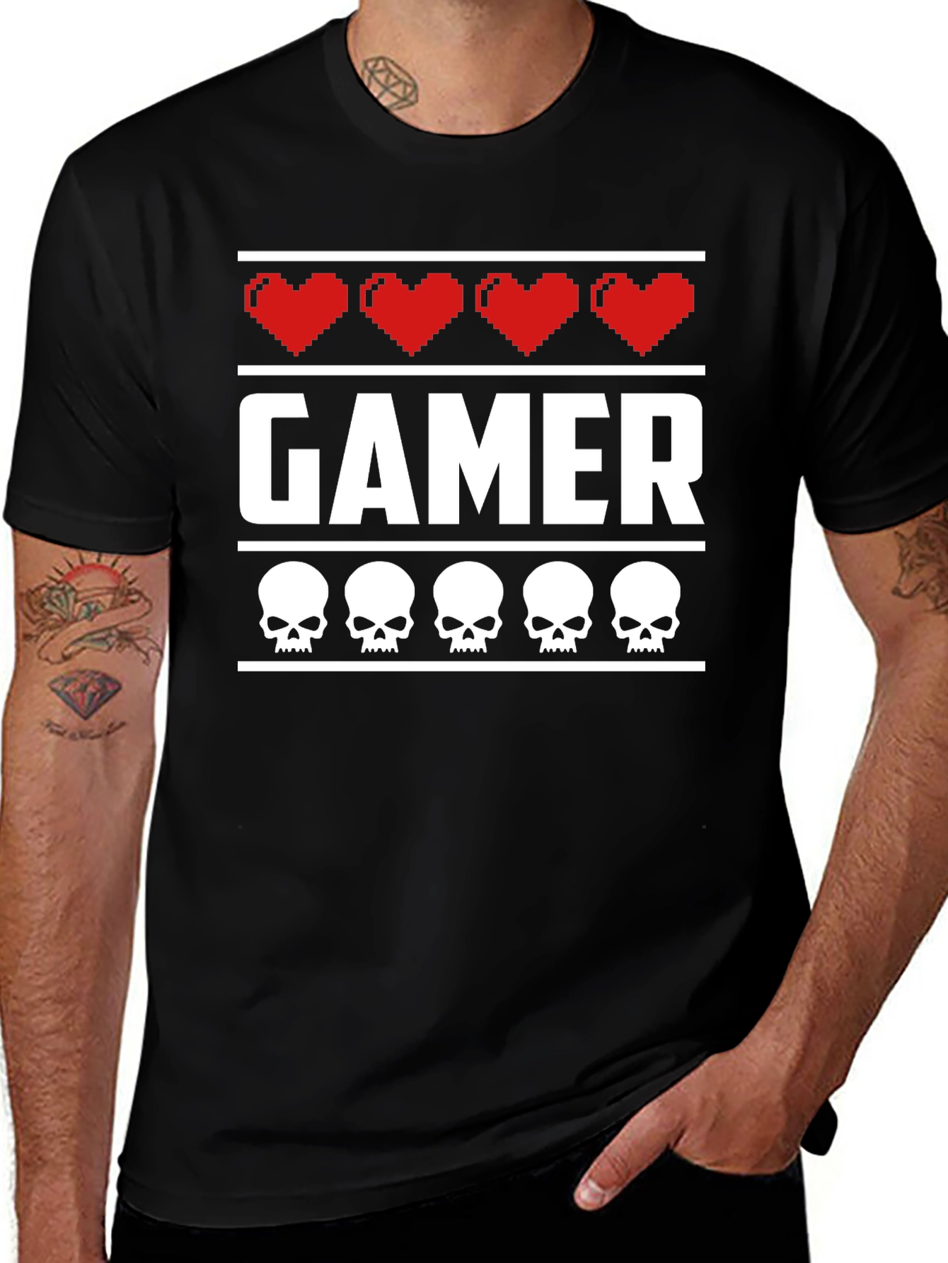 Variant 24 of Gamer Heart & Skull T-Shirt - Pixelated Design