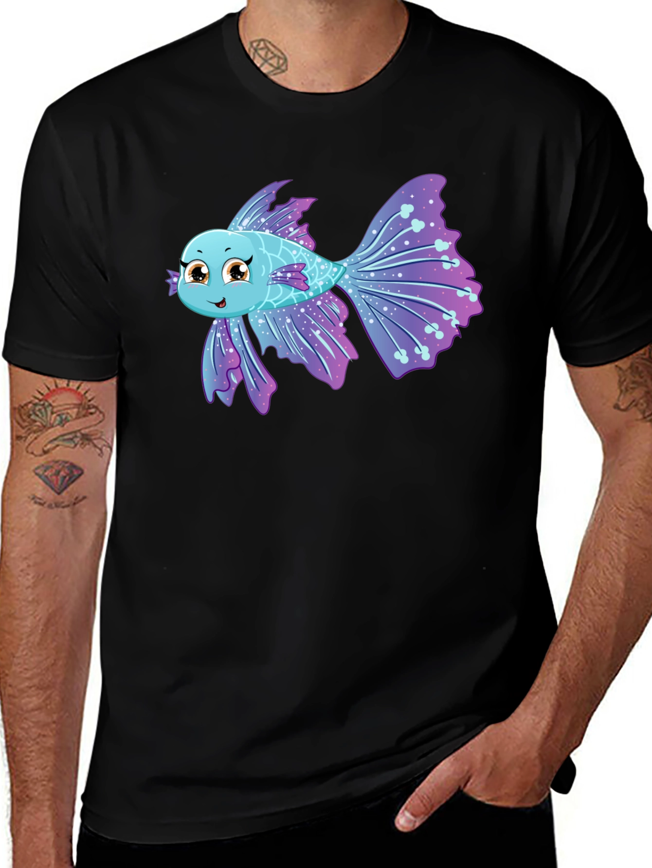 Variant 18 of Cute Cartoon Fish Graphic Print Black T-Shirt