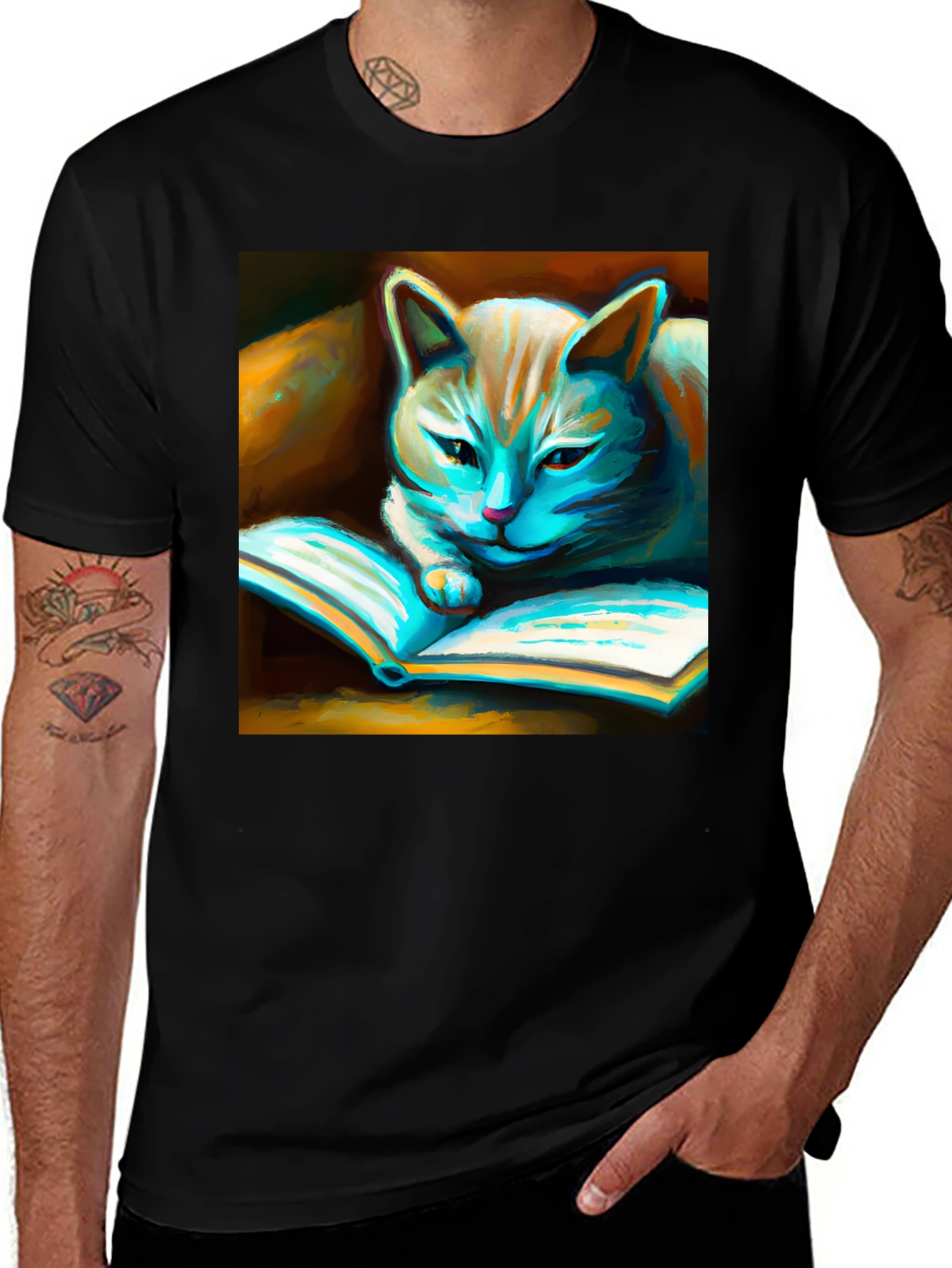Black Cat Reading Book Graphic T-Shirt main image