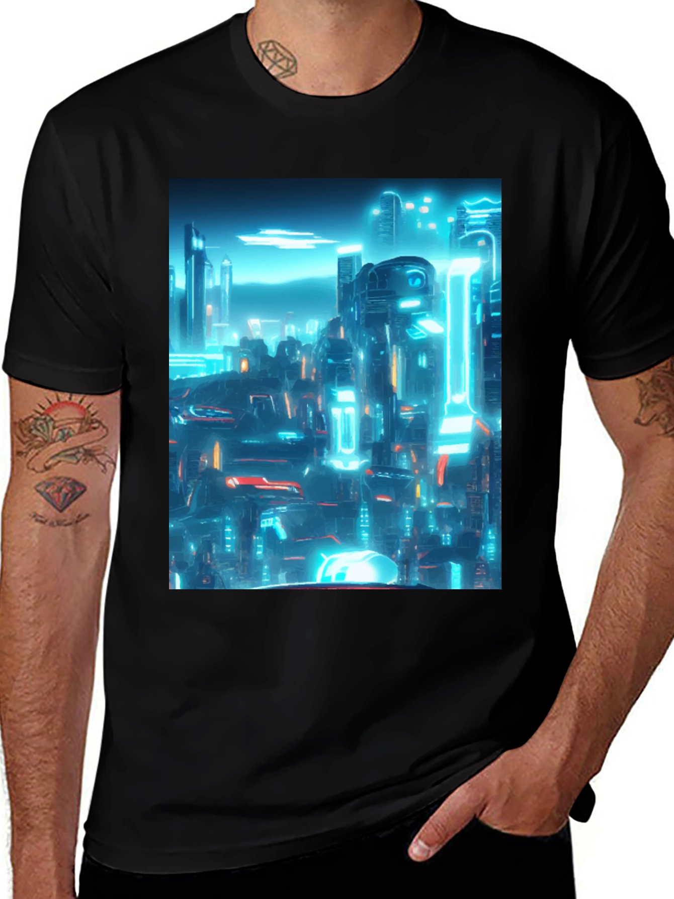 Variant 22 of Cyberpunk Cityscape Graphic Tee - Black