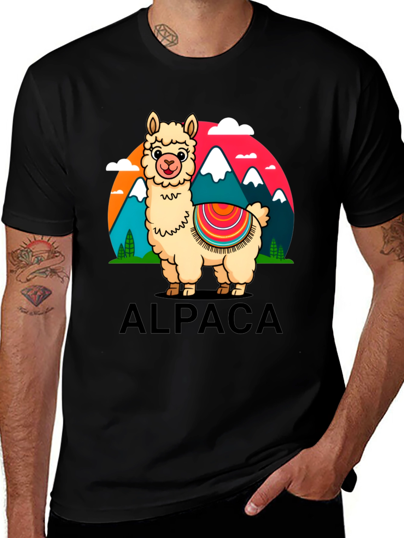 Variant 27 of Alpaca Cartoon Graphic Tee - Black Cotton T-Shirt
