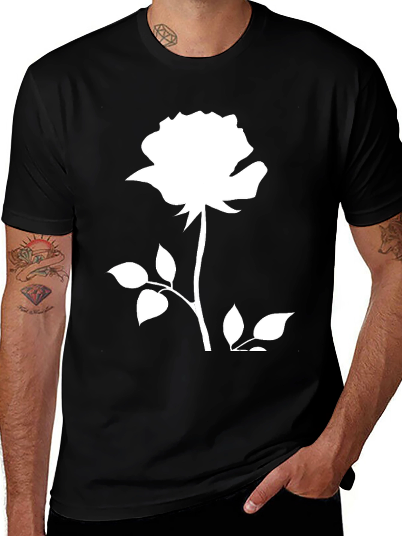 Variant 3 of Black T-Shirt with White Rose Graphic Print
