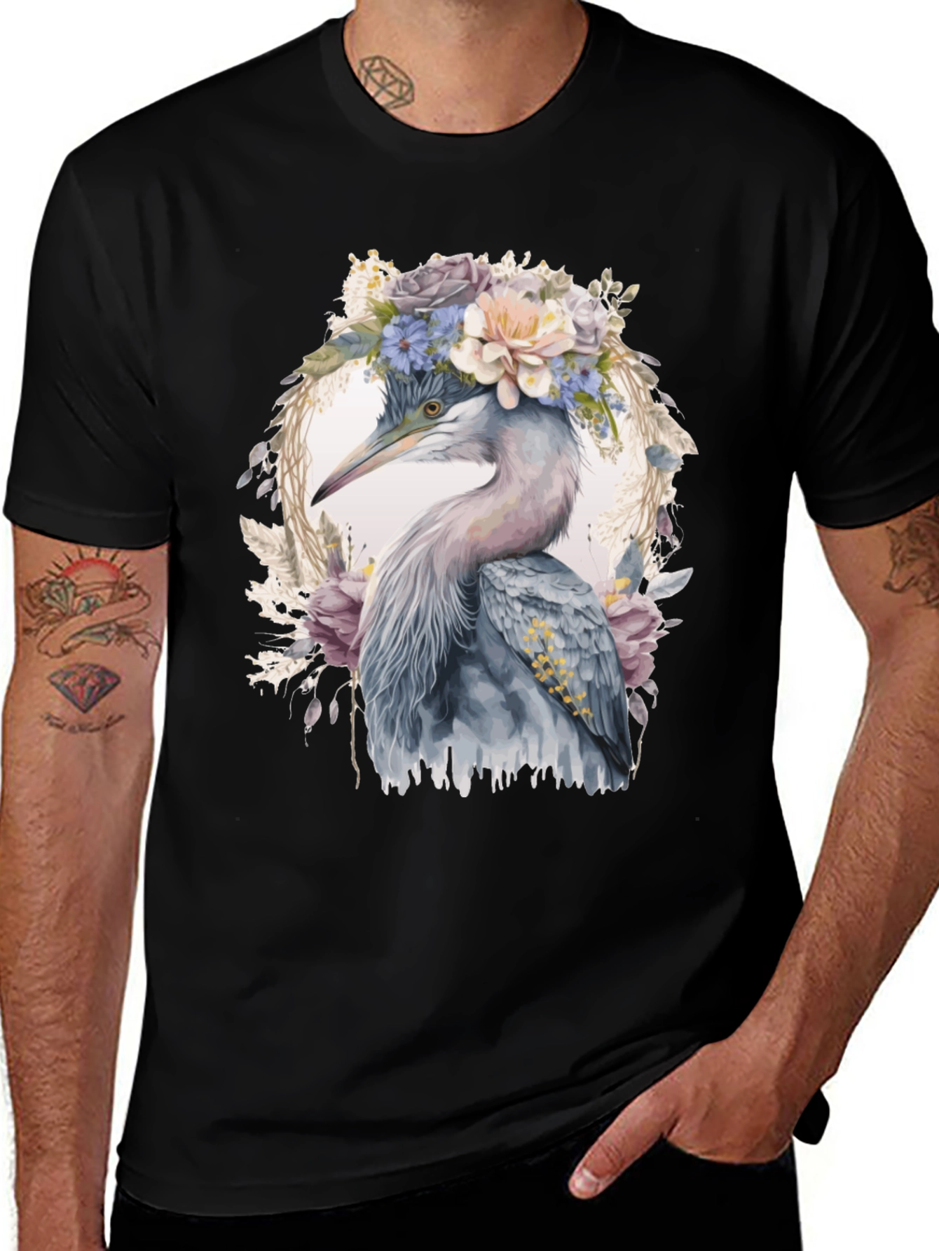 Variant 5 of Floral Heron Graphic Tee - Stylish Bird Lover T-Shirt